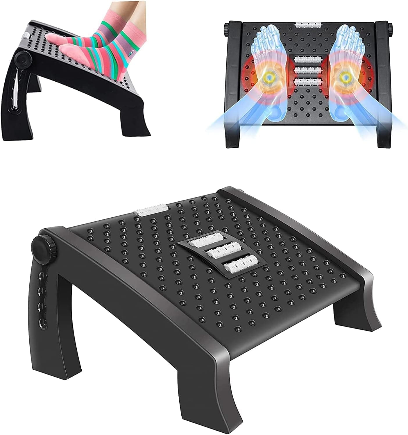 NOAEOU Office Foot Rest for Under Desk - Adjustable Foot Rest with Massage Texture and Roller, Ergonomic Foot Rest with 6 Height Position, for Home, Office, School, Black (A)