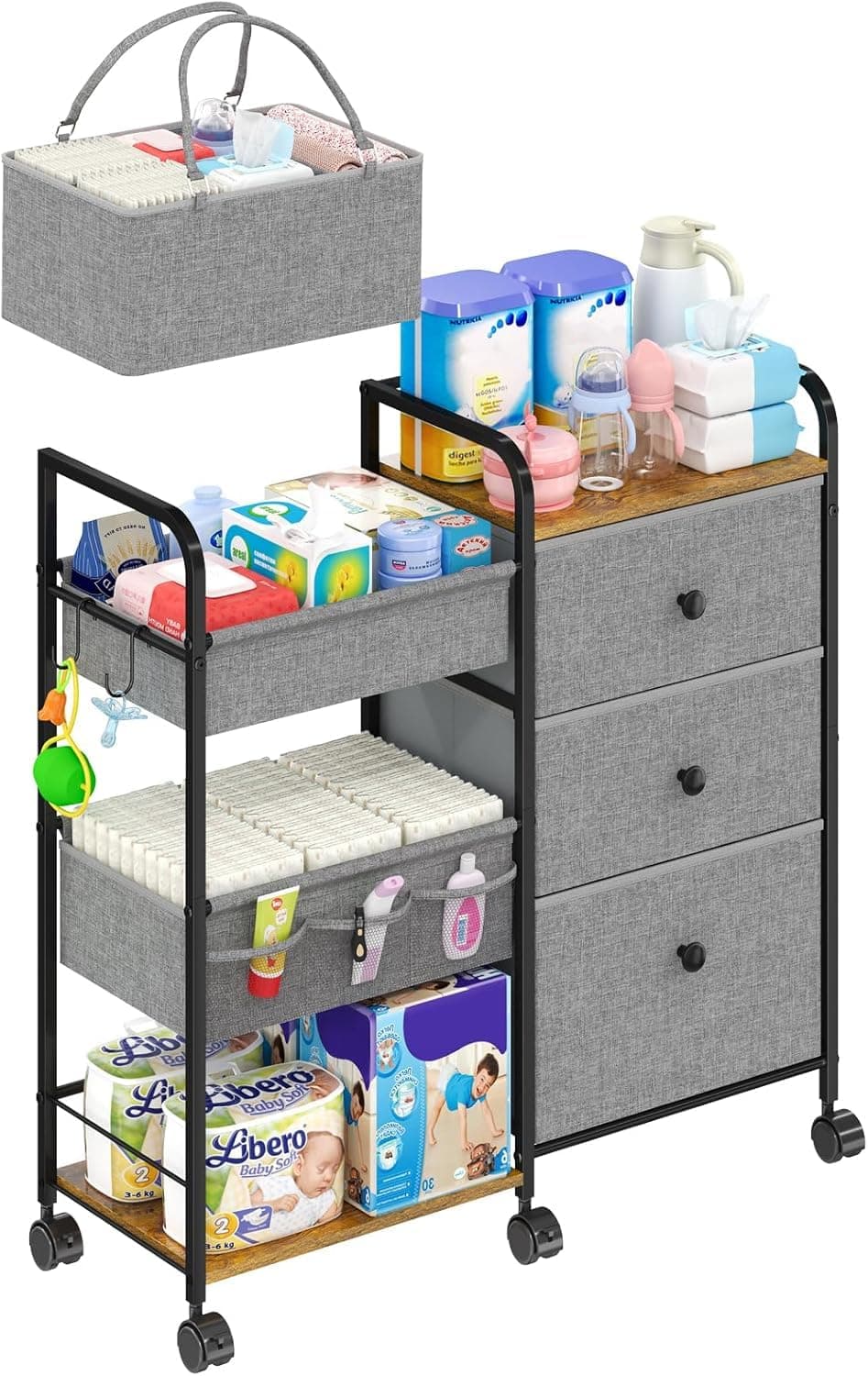 U HOOME Baby Diaper Caddy Organizer Cart,Baby Essentials Nursery Storage,3 Tier Rolling Storage Cart with Wheels,Mobile Metal Utility Cart for Nursery Essentials, Detachable Bedside Cart (Grey)