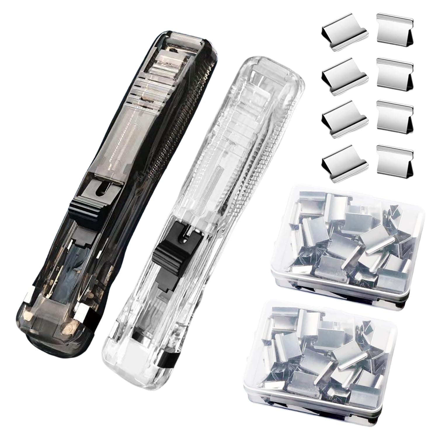 2 Pcs Handheld Reusable Creative Stapler Push Stapler Clips Paper Clamp Clip Dispenser 40 Sheet Capacity with 100 Stainless Steel Refill Binder Clips for Office Document School Supplies