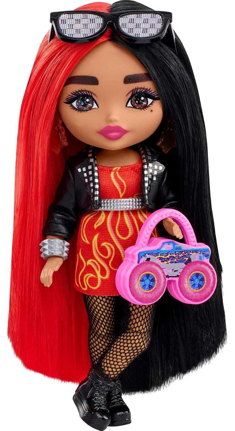 Barbie Doll, Extra Minis Doll with Red and Black Hair, Kids Toys, Flame-Print Dress and Moto Jacket, Small Doll, Clothes and Accessories, HKP88