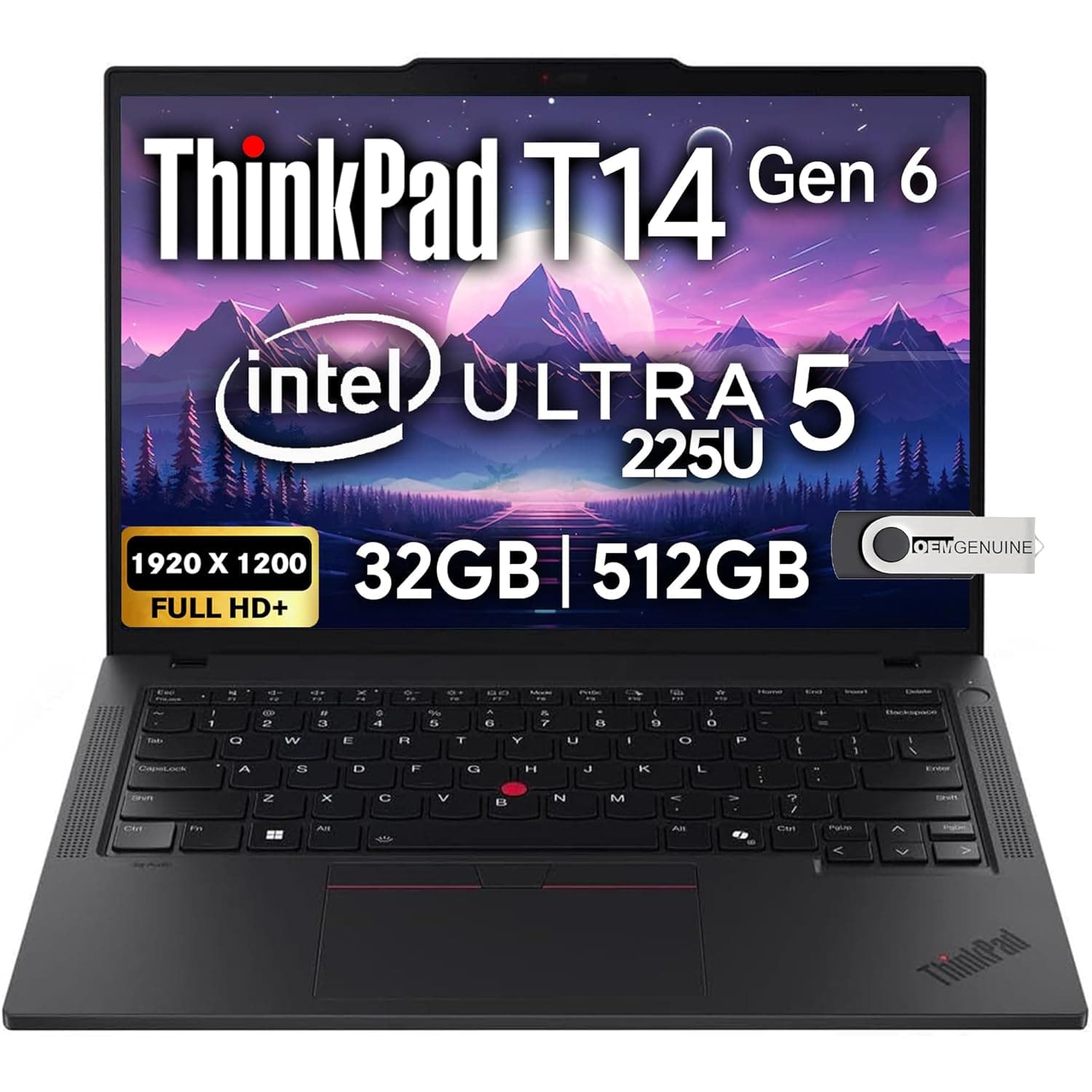 Lenovo ThinkPad T14 Gen 6 Business Laptop 14" FHD+ IPS, Intel Ultra 5 225U, 32GB DDR5 RAM, 512GB SSD, 5MP HD Webcam, Fingerprint, Backlit, Wi-Fi 6E, 2 Thunderbolt 4, AI PC