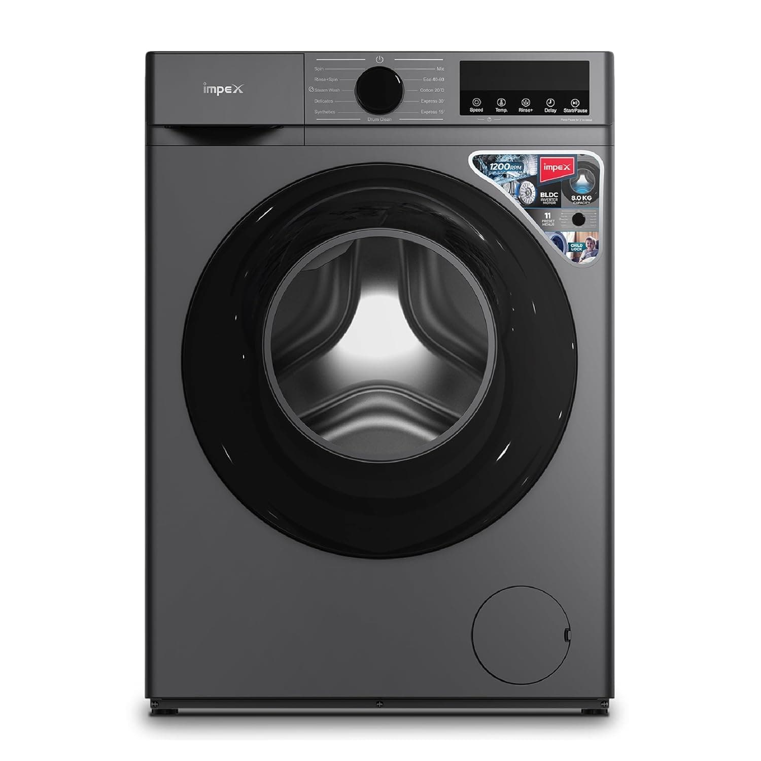 Impex 8 Kg Front Load Washing Machine | 1200 RPM | BLDC Inverter Motor | 11 Wash Programs | 5 Advanced Functions | 52L Drum Volume | LED Display | Child Safety Lock | | Low Noise | Grey | WM0800FS