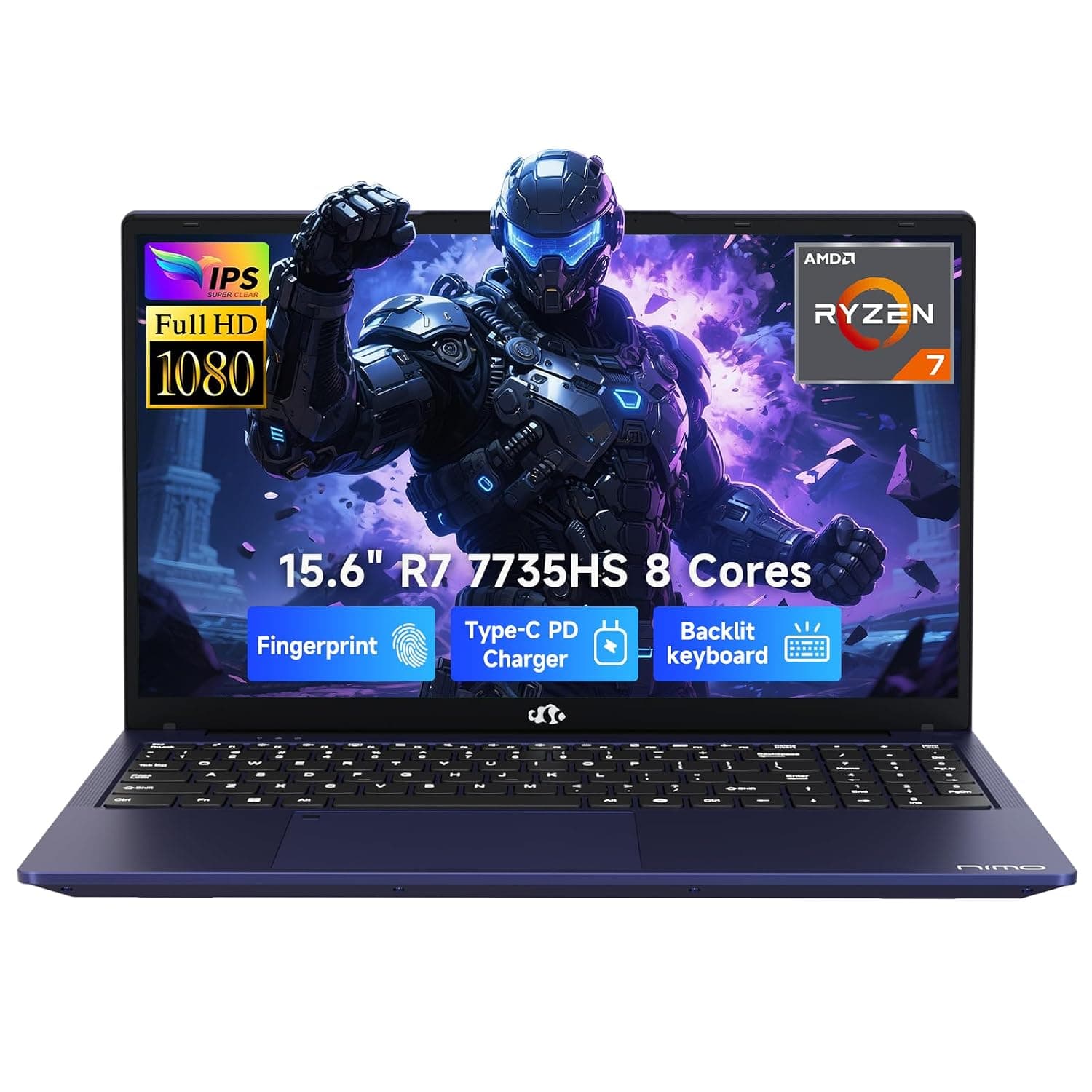 NIMO Gaming-Laptop, 15.6" Computer with 8 Cores Ryzen 7 7735HS (Beat i7-12650H, Up to 4.75GHz), 16GB DDR5 1TB SSD Business Laptop with Radeon 680M Graphics, 100W Type-C, Backlit KB, Fingerprint