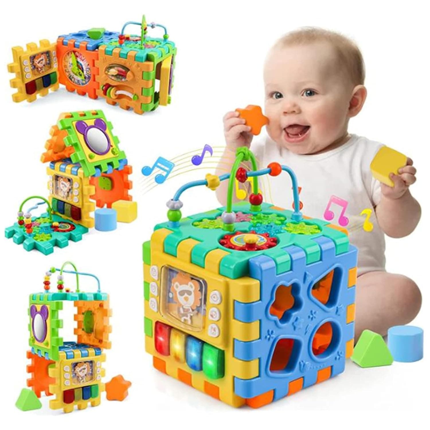 Soofam Baby Activity Cube, Busy Learning Activity Cube Toy with Bead Maze Shape Sorter, Early Development Learning Toys with 6 Different Activities for Toddler 1 Year Old Boy and Girl Gift