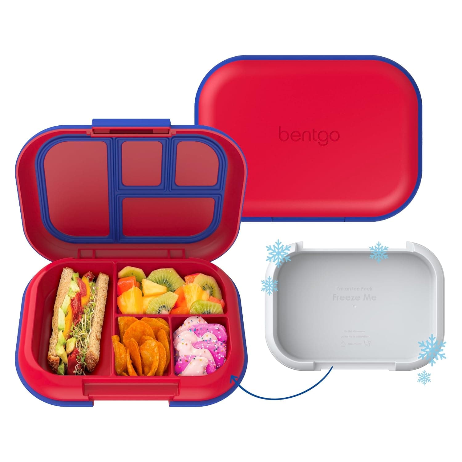 Bentgo® Kids Chill Lunch Box - Leak-Proof Bento Box with Removable Ice Pack & 4 Compartments for On-the-Go Meals - Microwave & Dishwasher Safe, Patented Design, 2-Year Warranty (Red/Royal)