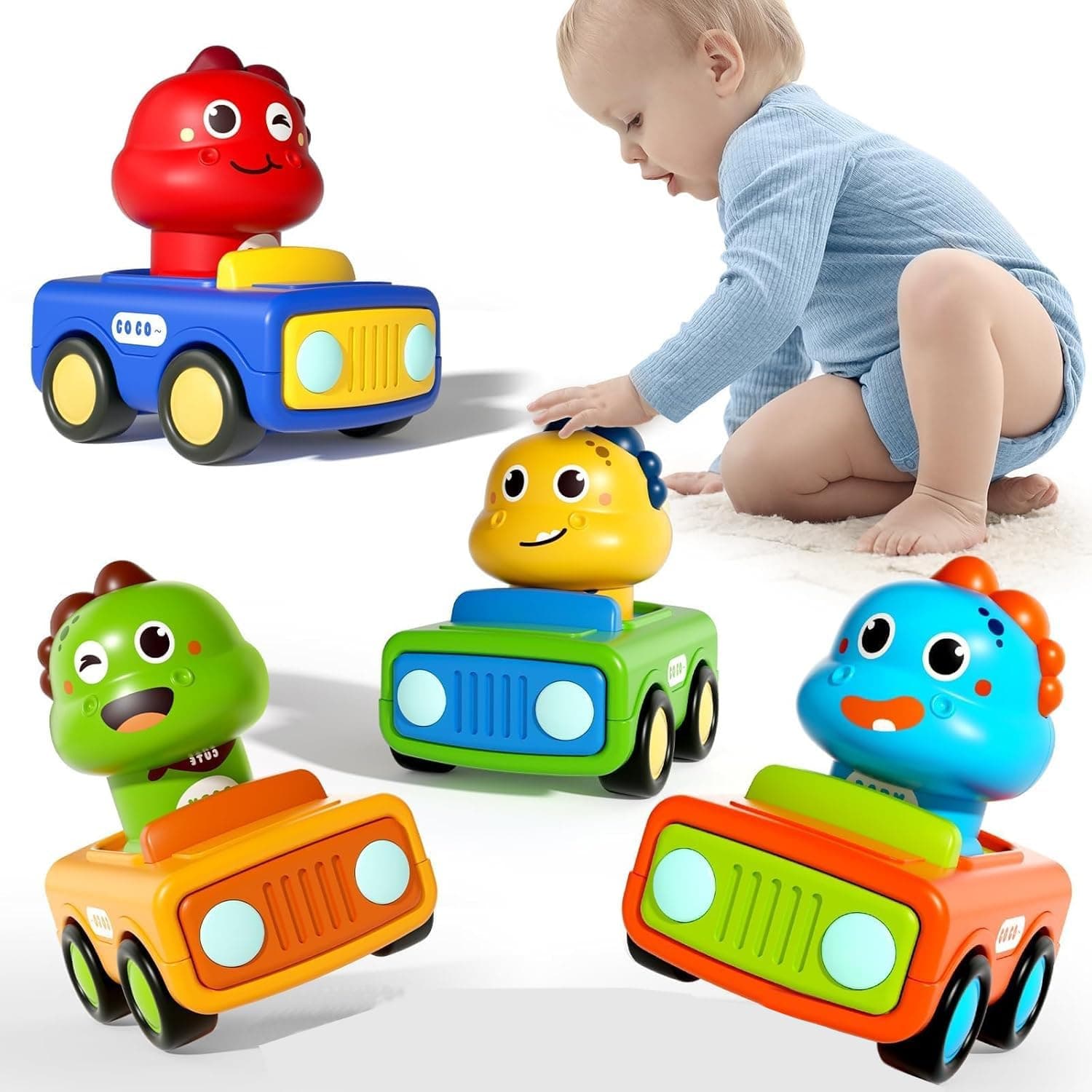 QQEJ Press to Go Car Toys for Dino Cars Toddlers 1-3, Baby Animal Race Cars, Infant Play Vehicle Set, Boy Push Go Friction Dino for 6-9-12-18 Month, 1st Birthday Gift Stuffer for Old Kid