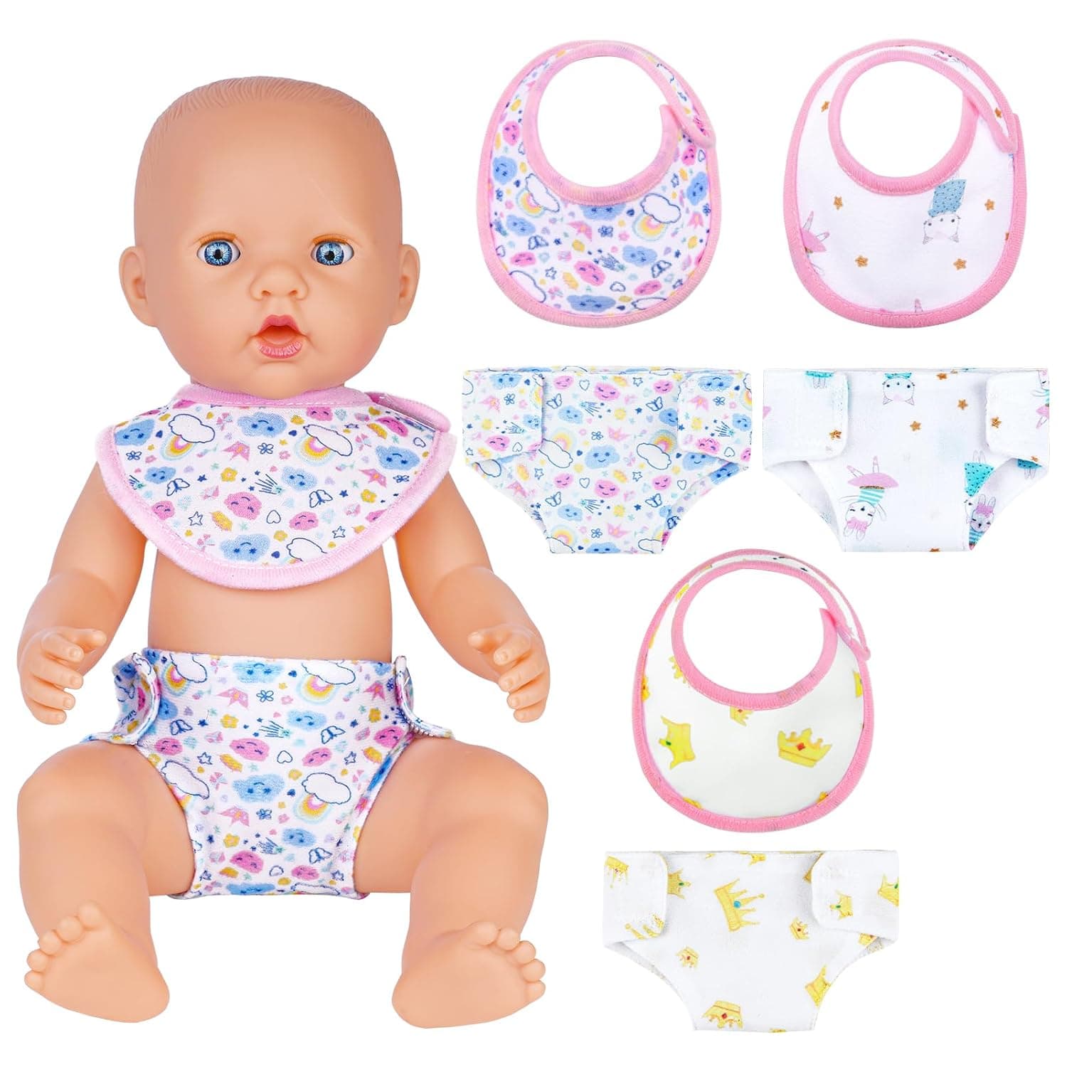 Aolso Nappies for Baby Dolls, 6-Piece Doll Nappies and Doll Bib Set, Doll Accessories, Nappies Bib Set for 14 - 18 Inch Dolls