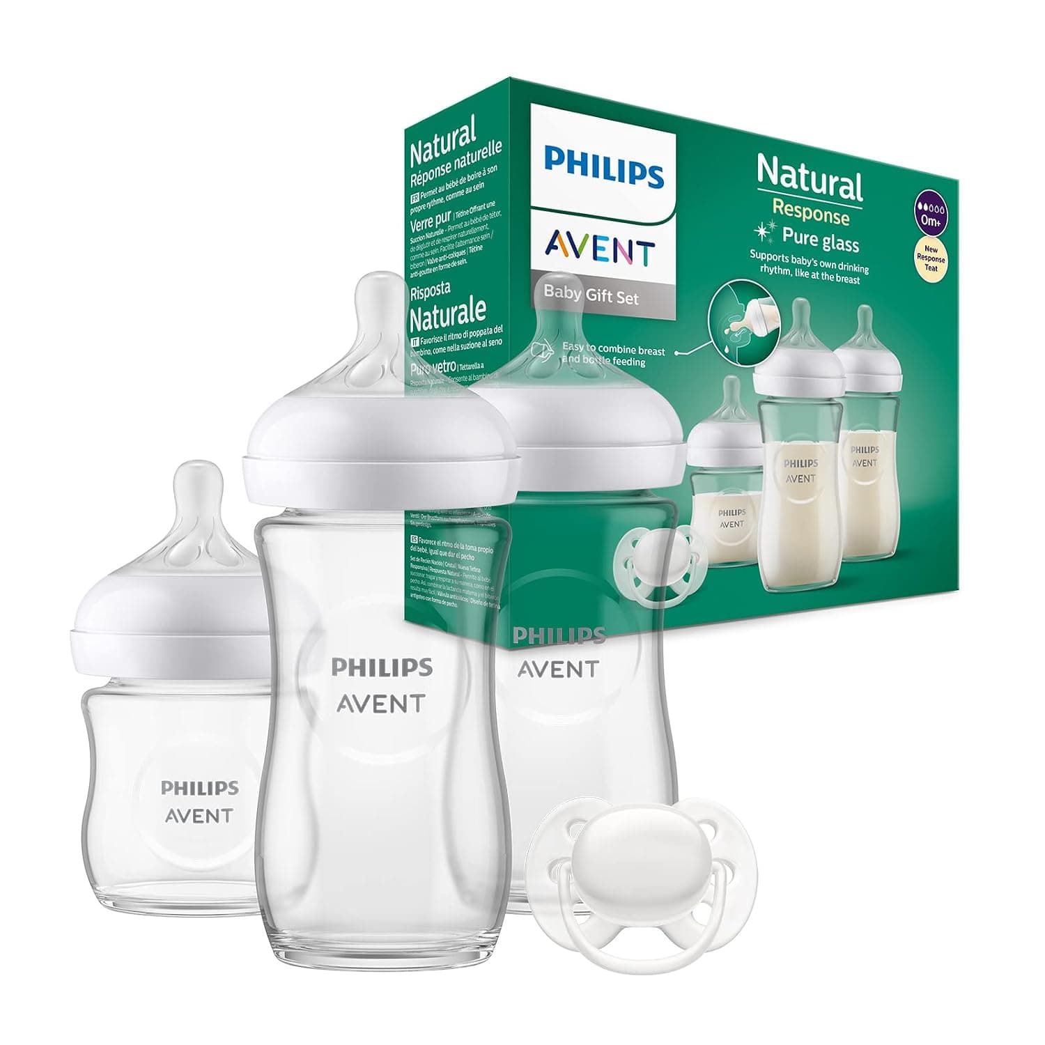 Philips Avent Glass Baby Bottle Newborn Gift Box - 3 Baby Bottles, Ultra Soft Pacifier for Children Ages 0-6+ Months (Model SCD878/11)