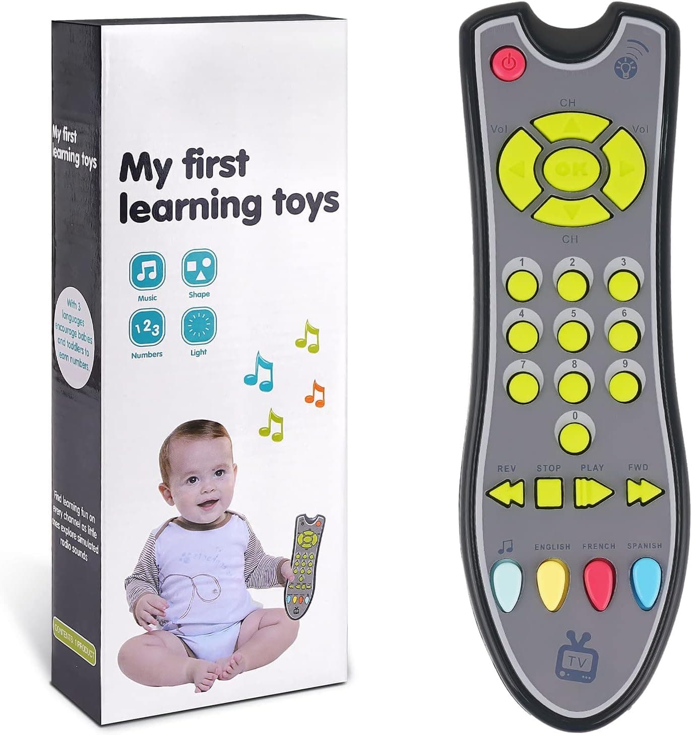 XICEN Baby Remote Control Toy, Realistic Toddler TV Remote Toy with Light Sound Adjustable Volume Kid Learning Education Musical Toys with English French Spanish Infant Gift for Boys Girls 6M+ (gray)