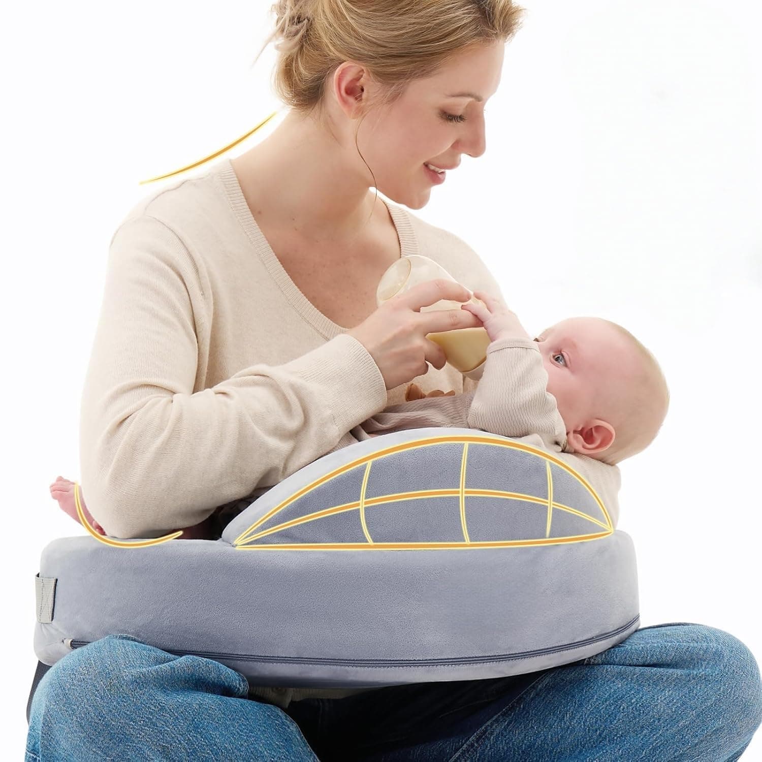 Nursing Pillow for Breastfeeding,Pioneering Safety Fence, Wider Feeding Pillows for More Support for Mom & Baby- Easier Nursing & Hand Free- Fit for All, Removable Cotton Cover (Grey)