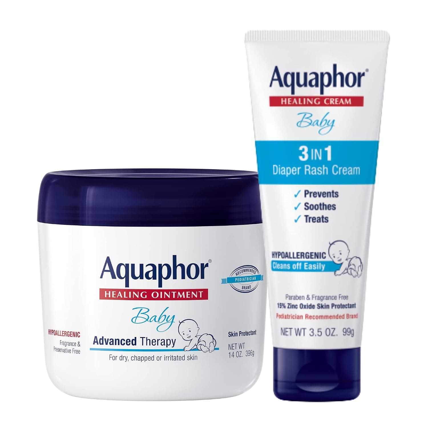 Aquaphor Baby Skin Care Set - Fragrance Free, Prevents, Soothes and Treats Diaper Rash - Includes 14 oz. Jar of Advanced Healing Ointment & 3.5 oz Tube of Diaper Rash Cream | Baby Healing Ointment (14 OZ), 3-in-1 Diaper Rash Cream (3.5 OZ), Hypoallergenic and Fragrance Free