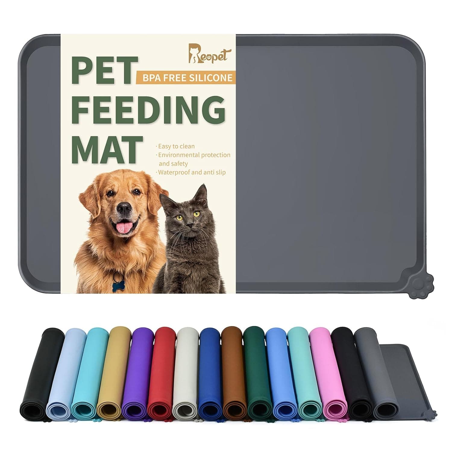 Reopet Waterproof Pet Feeding Mat with High Raised Edges, Heavier and Thicker Placemats for Cat Dog Water Bowl with BPA Free, Dogs Cats Food Mats for Messy Drinkers to Prevent Spill and Protect Floors