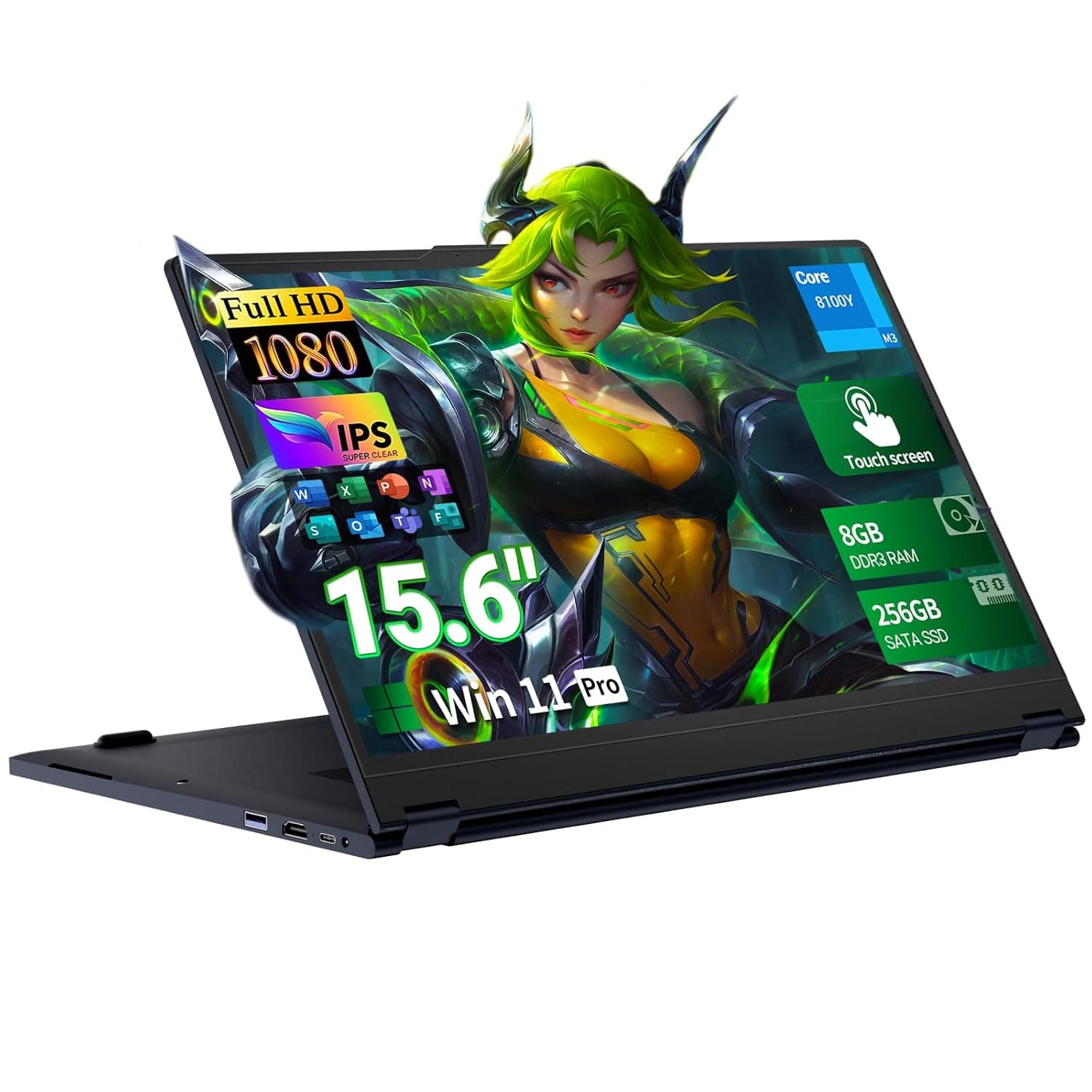 15.6 Inch 2-in-1 Touchscreen Laptop Computer, 8GB RAM 256GB SSD Core m3-8100Y Lap top, 360° Convertible Notebook Laptops with Win 11/Office, FHD Display, 360° Rotating Touch Screen, WiFi5/ BT5,HDMI