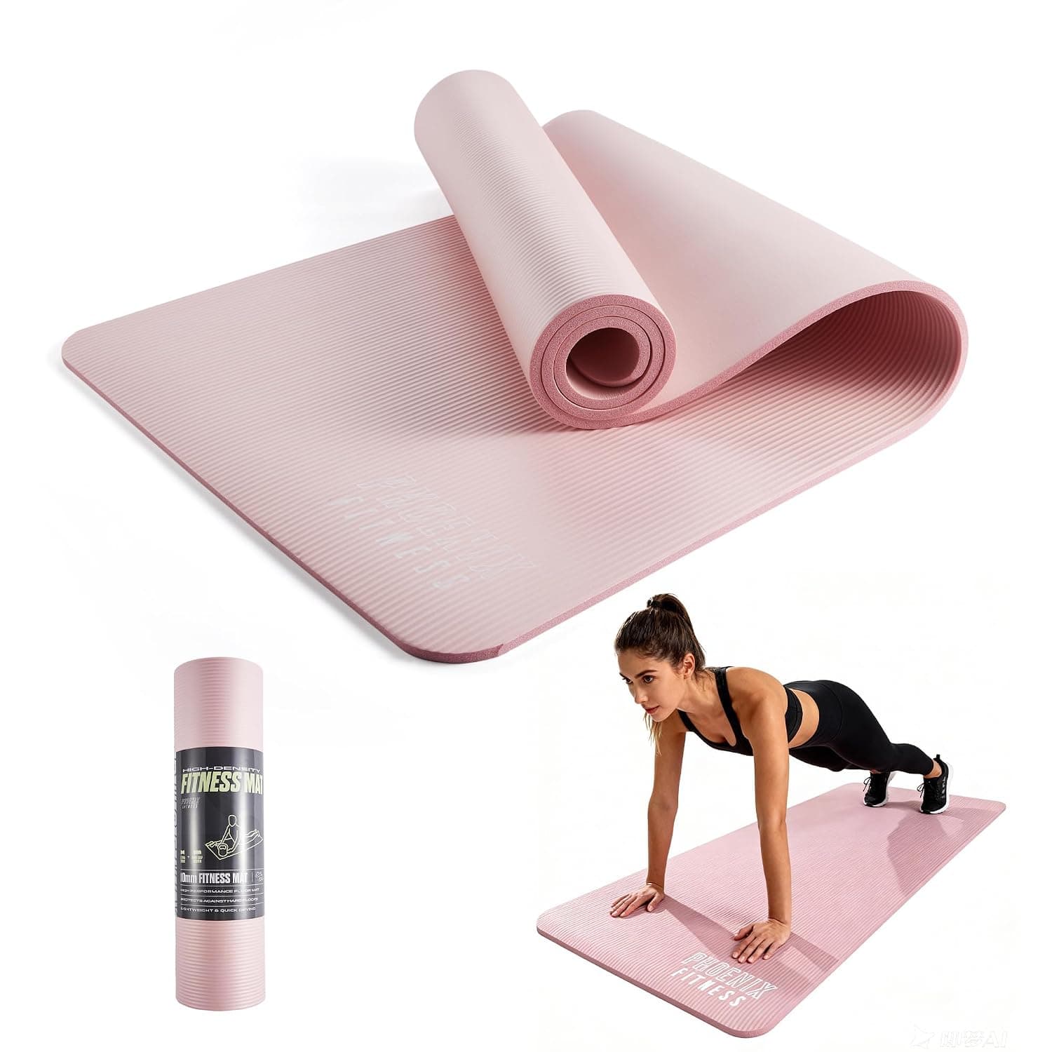 Phoenix Fitness NBR Yoga Mat - 15mm Extra Thick Exercise Mat with Carry Strap - Non Slip Yoga Mat for HIIT, Exercise & Pilates for Men and Women - Black or Pink