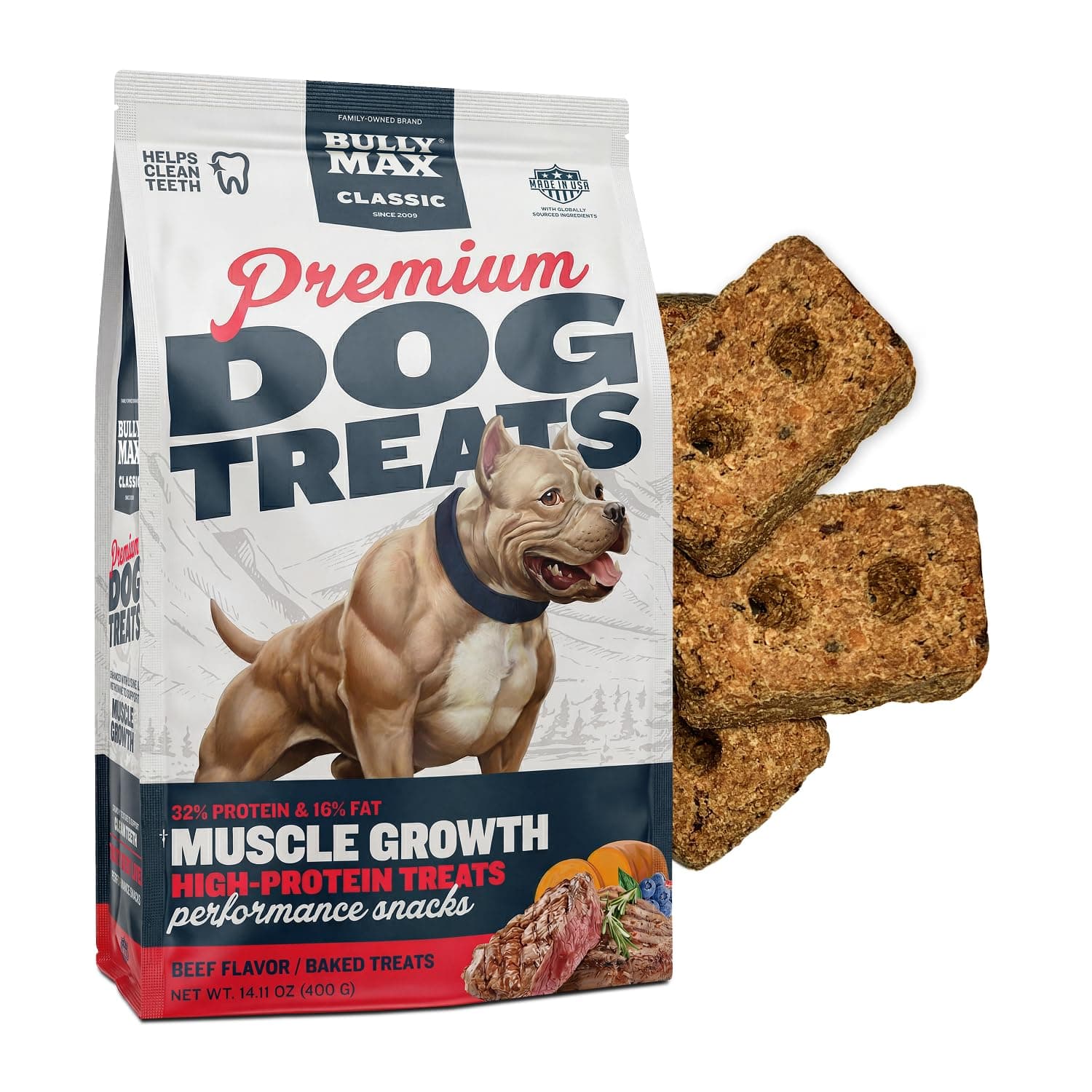Bully Max Premium High Protein Dog Treats for Puppy & Adult Dogs - Training Dog Food Treats with 32% Protein, Real Meat, Veggies & BCAAs for Small, Medium & Large Breeds, Beef Flavor, 400g Bag