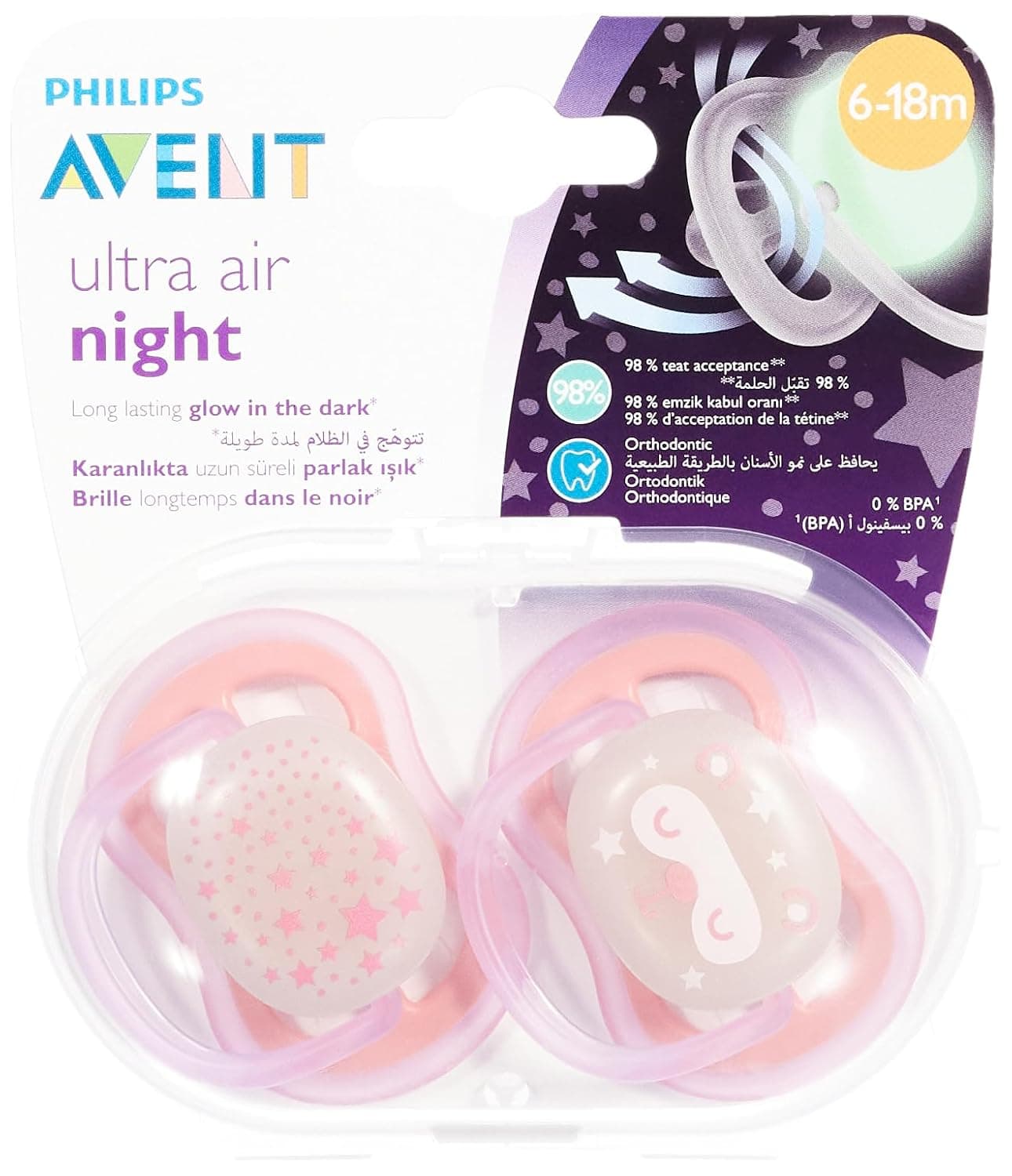 Philips Avent Ultra Air Night Soother, 2 Pieces, For Girls 6-18 Months