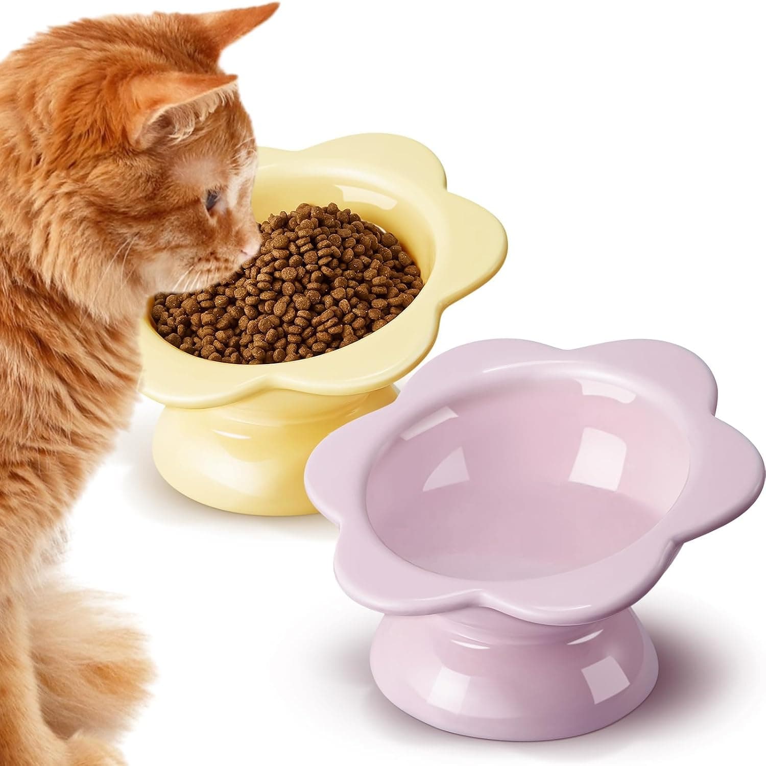 Ceramic Elevated Cat Bowls with Cute Flower Design, Anti-Vomiting Tilted Raised Pet Food Bowls for Small Dogs, Kittens, Feeding to Protect Spine and Improve Digestion(2 pcs)