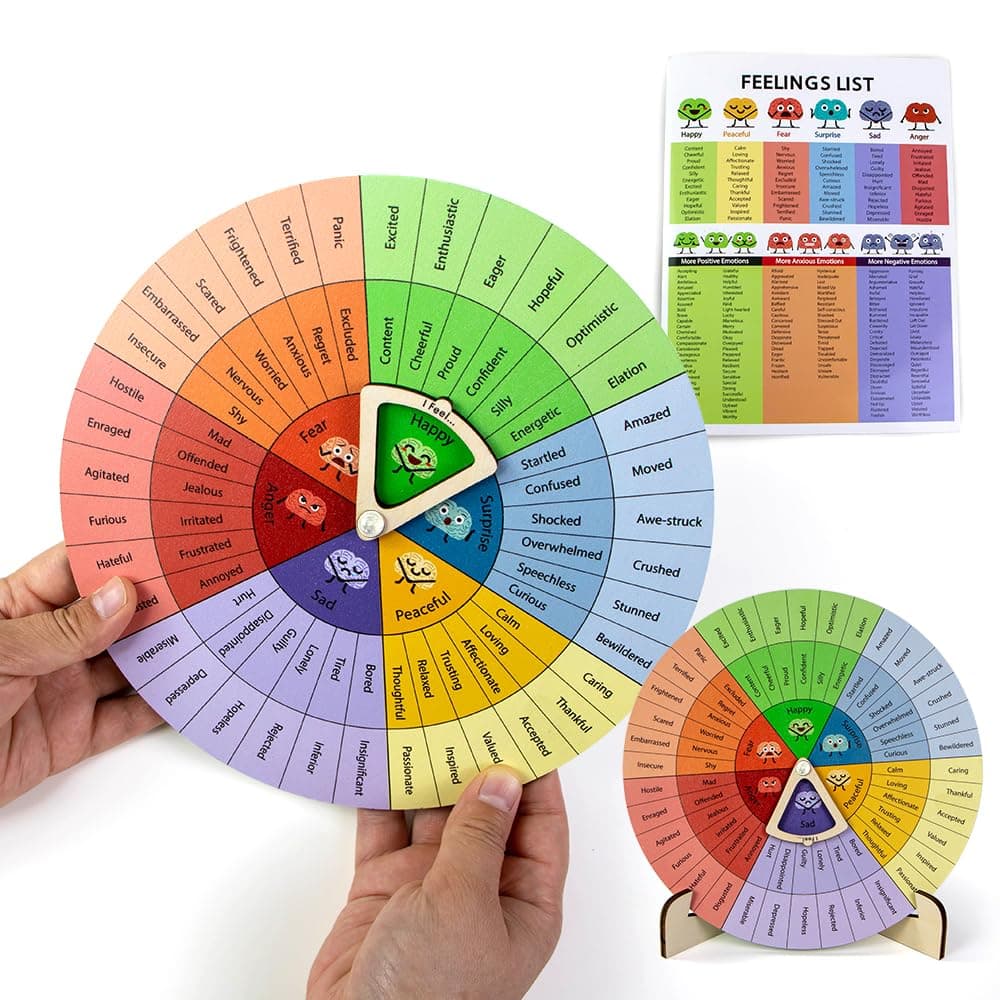 Feelings Wheel Therapy Office Desk Decor - Large Mental Health Emotions Chart with Spinning Pointer & Stand - Therapist Gifts for Home Office, Kids & Adults, Calming Tool, Emotion Wheel