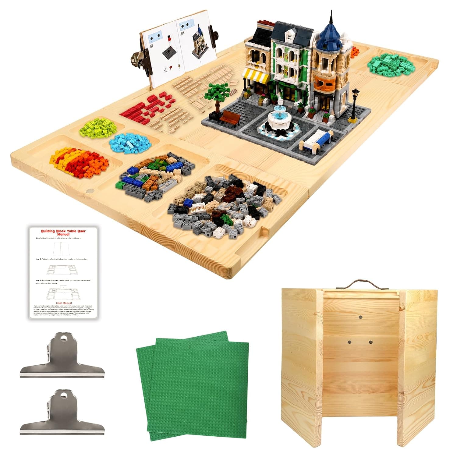 Building Baseplate Table with Storage Trays, Building Tray Board for Adults, Multi-Purpose Sensory Table with 360 Rotating, Includes 2 Building Brick Base Plates, Foldable for Easy Storage