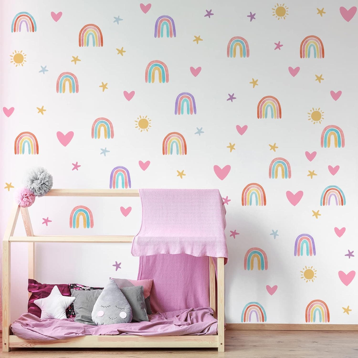 Epakh Boho Rainbow Wall Decor Stickers - Watercolor Heart Sun Star Wall Decal for Girls Boys Baby Bedroom Nursery (Classic Color)