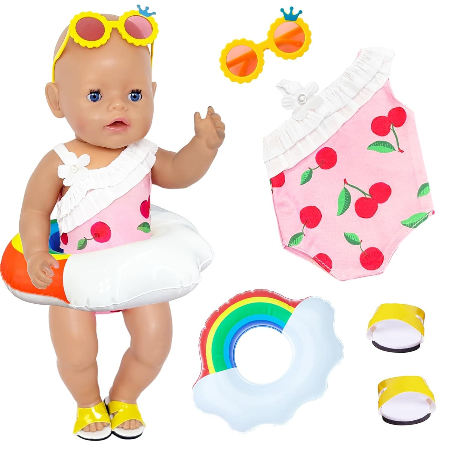 Swimming Set Compatible with 35-45 cm New Born Baby Swimming Doll, 4 Pieces Cherries Baby Swimsuit with Swimming Ring Sunglasses and Clogs, Summer Doll Clothes Accessories for 14-18 Inch Dolls (Pink)