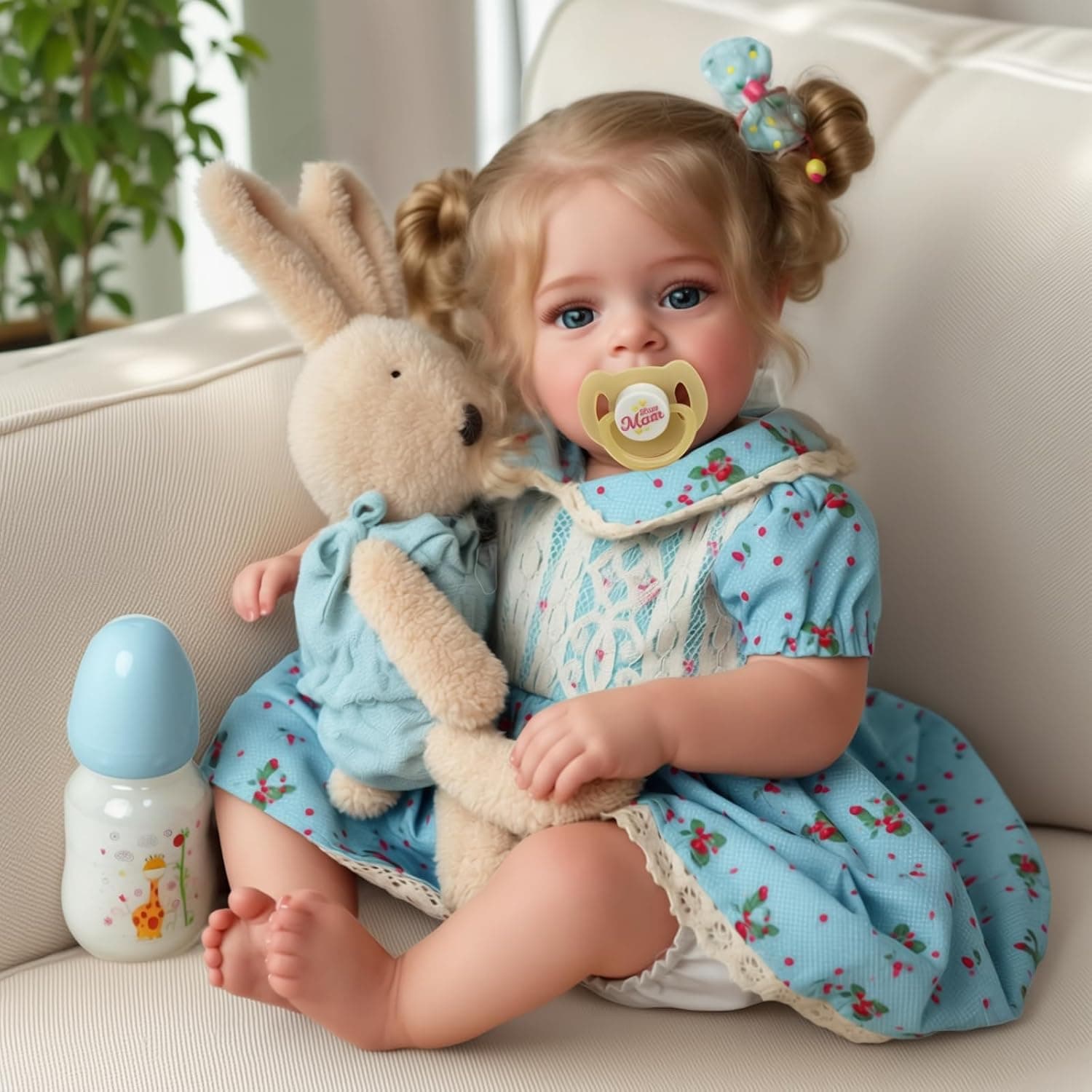 BABESIDE Realistic Reborn Baby Dolls 17.7 Inches Soft Fabric Body with Long Blonde Hair and Clothing Accessories for Children Aged 3 and Up, Blue