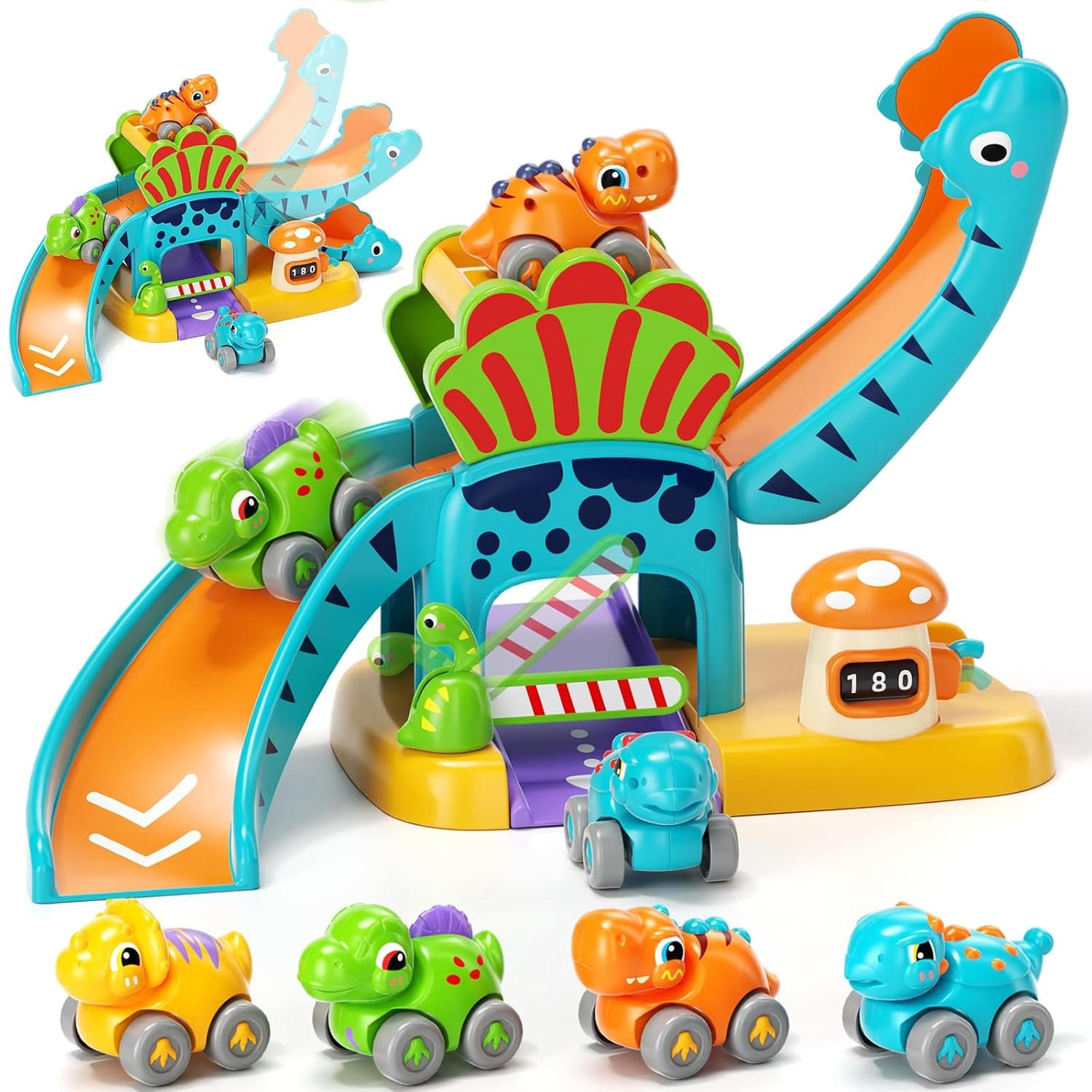 Lehoo Castle Toys for 1 Year Old Boys, Dinosaur Slide with 4 Mini Push Cars for Baby 12-18 Months, Infant Play Vehicle Set, Educational Learning First 1st Birthday Gifts for Kids, Girls, Toddlers 1-3