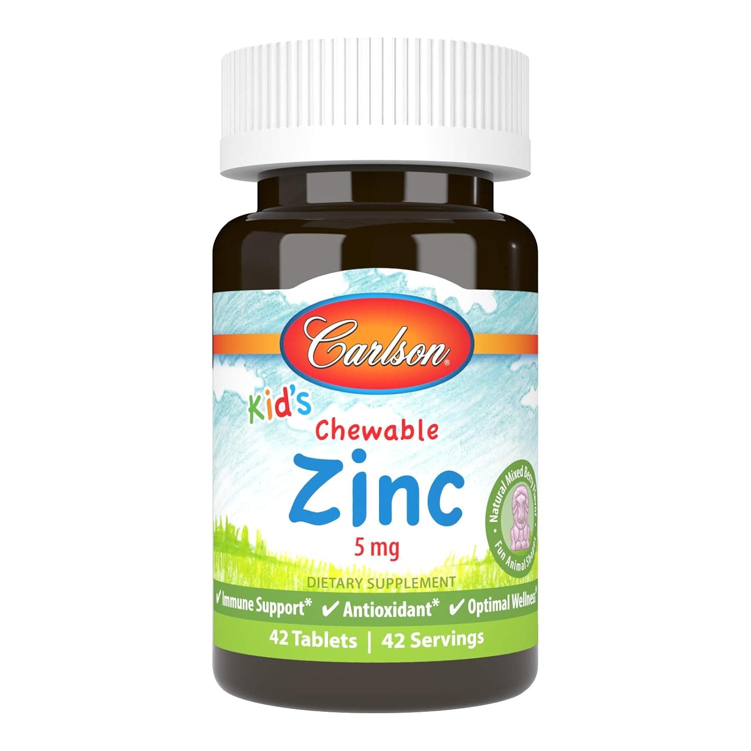 Carlson Kid's Chewable Zinc, 5 mg, Optimal Wellness, 42 Chewable Tablets | Mixed Berry; Non-GMO