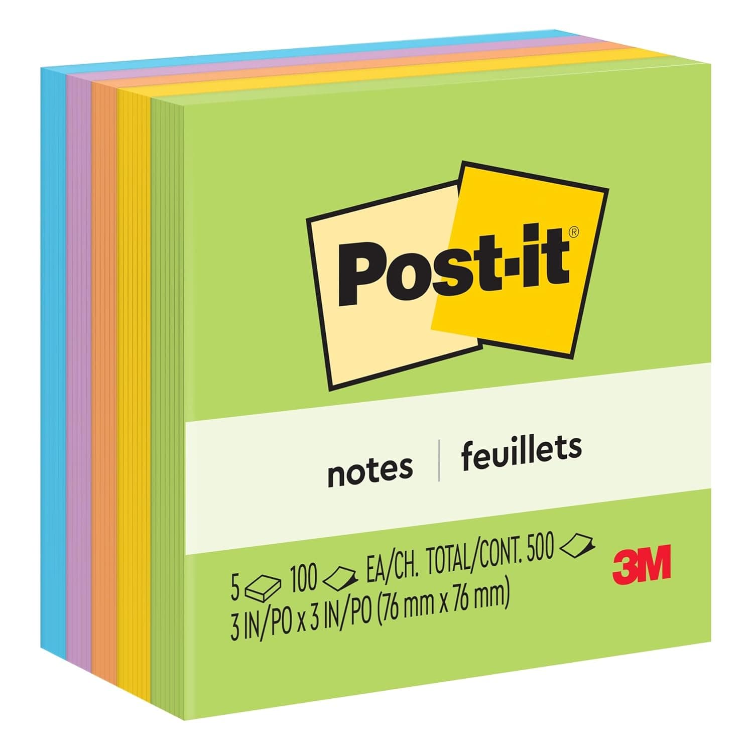 Post-it Notes Ultra Colors 654-5UC. 3 x 3 in (76 mm x 76 mm), 100 sheets/pad, 5 pads/pack | School Supplies and Office Products
