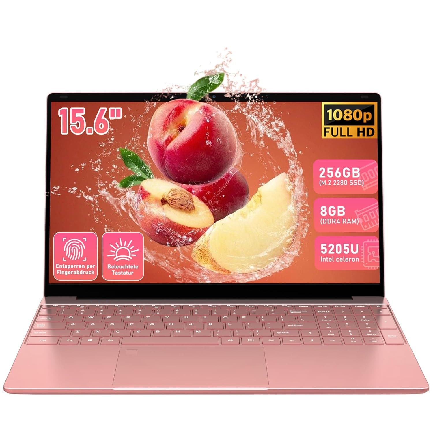 15.6" Rose Gold Laptop Computer, Fingerprint Reader, Backlit Keyboard, 8GB RAM 256GB SSD, 1080P FHD IPS Display, Slim Pink Notebook for Student School Work, Intel Processor, Windows 11