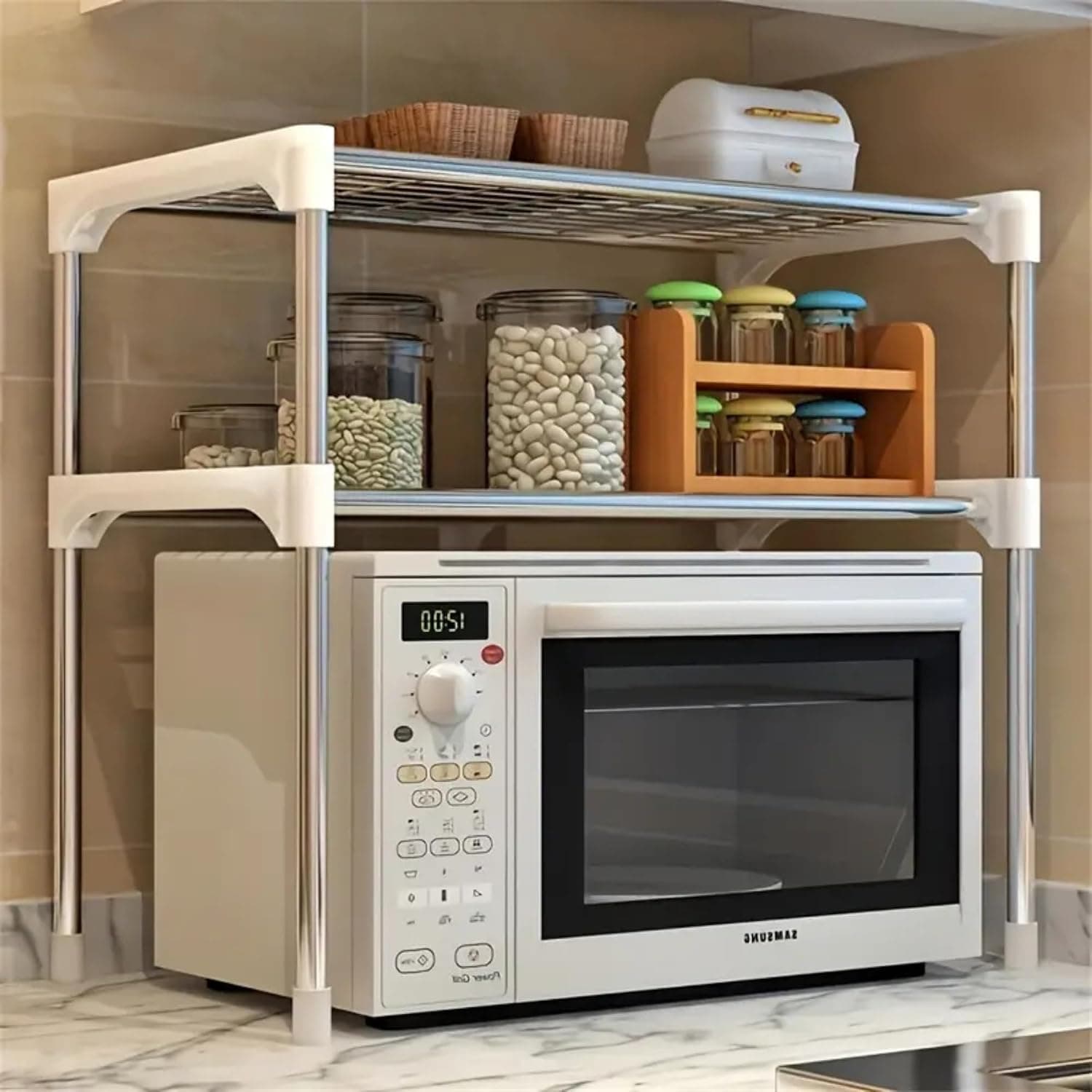 Adjustable 2-Tier Microwave Oven Rack, Space-Saving Kitchen Counter Shelf Organizer for Home & Office, Multipurpose Corner Storage Stand for Microwave, Oven, Appliances, and Small Kitchen Essentials