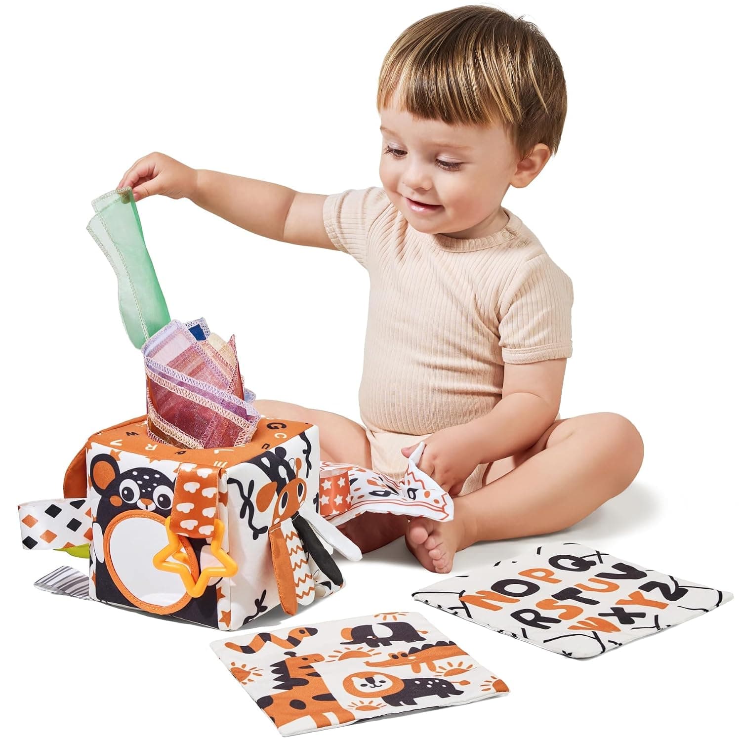 TUMAMA KIDS Montessori Baby Tissue Box with Contrast Designs, Colourful Ribbons and Crinkle Paper for Toddler 0 3 6 9 Months+