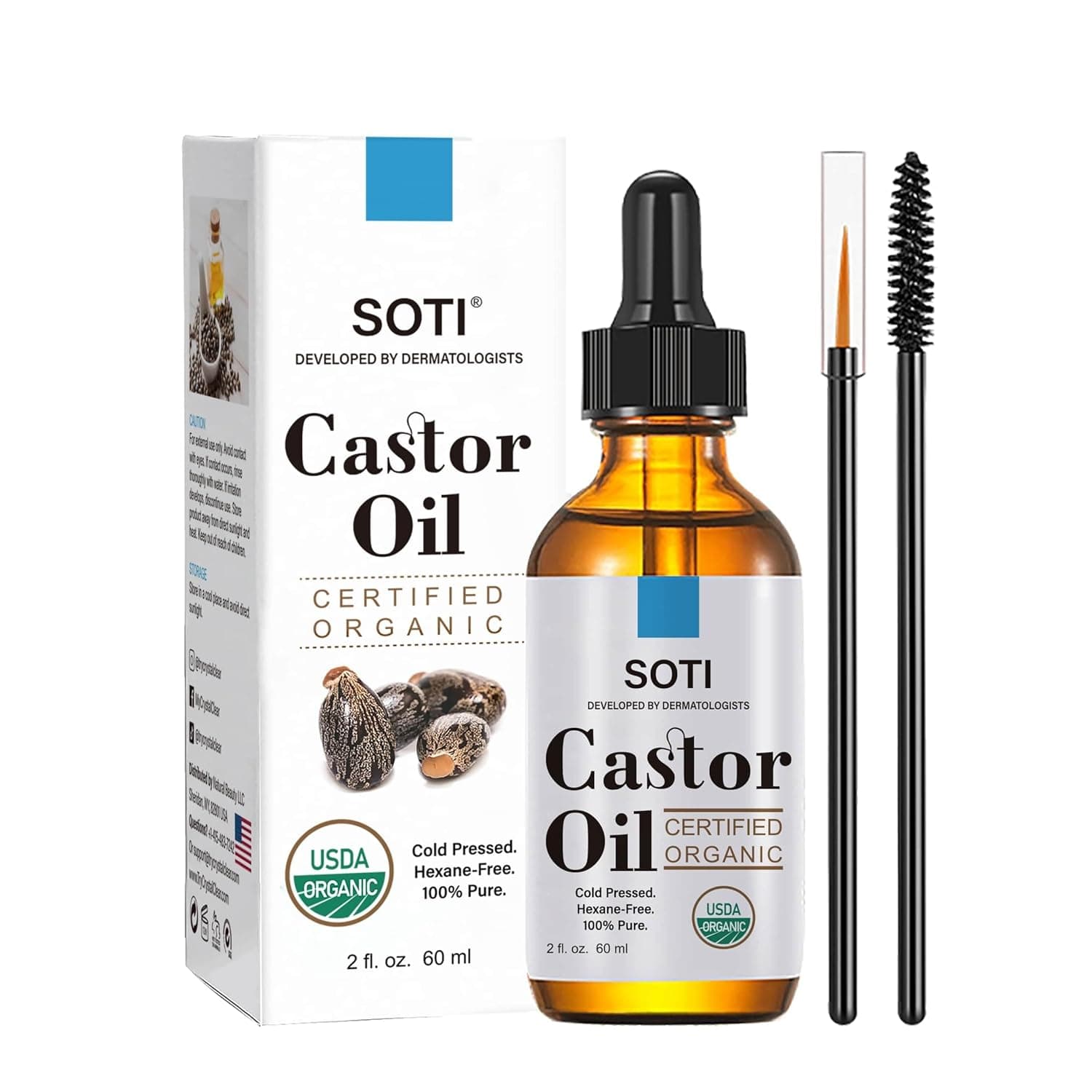 Organic Castor Oil, Made in USA, USDA Certified 100% Pure, Cold Pressed, Hexane Free, Stimulate Growth for Eyelashes, Eyebrows, Hair, Skin Moisturizer by Soti (2oz)