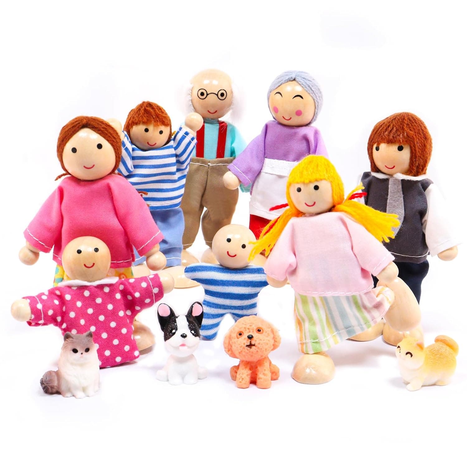 13-Piece Dollhouse Figures Family with Cat and Dog Bending Dolls Set for Dollhouse Accessories Play House Gift Wooden