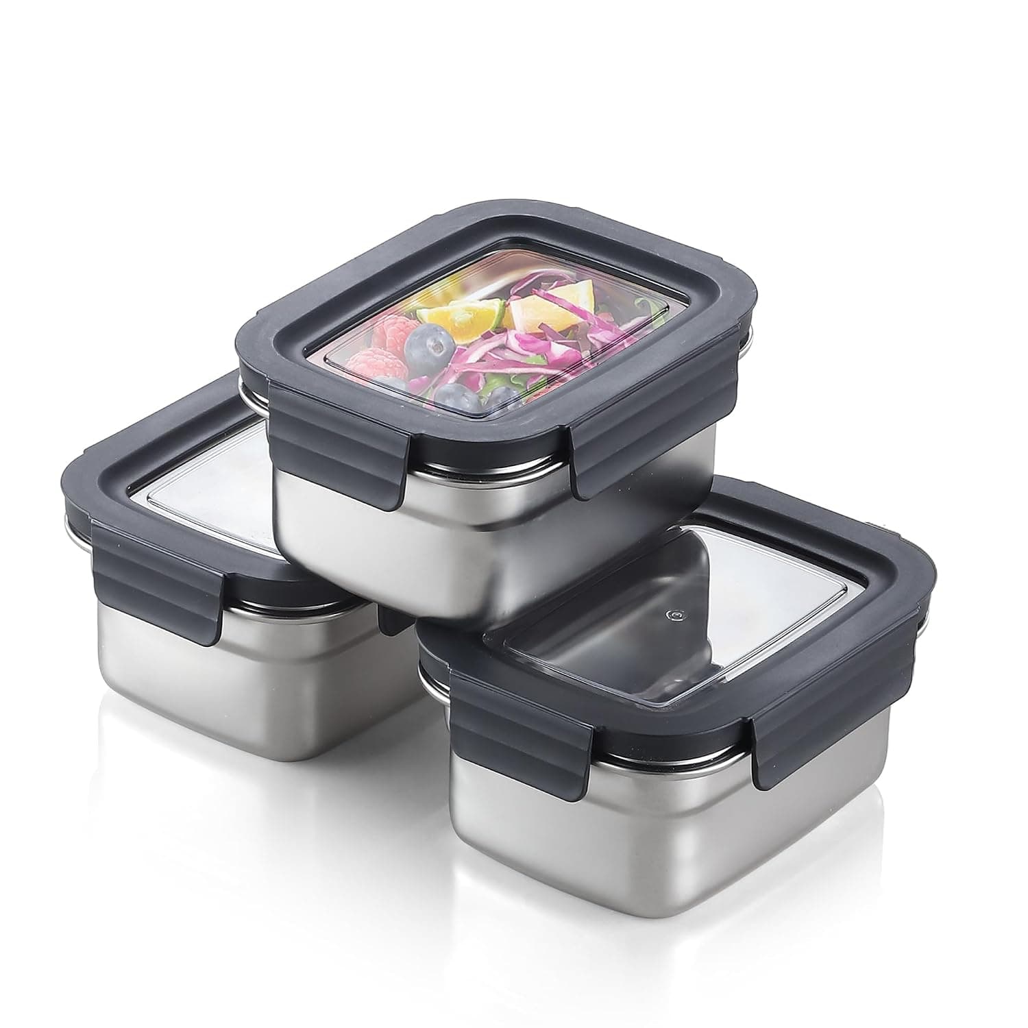 Food Storage Container with Lids, Stainless Steel Rectangular Leak Proof and Airtight for Kitchen Meal Prep freezer, Reusable and Stackable for Freezer Fridge Oven Dishwasher Safe (650ML * 3)