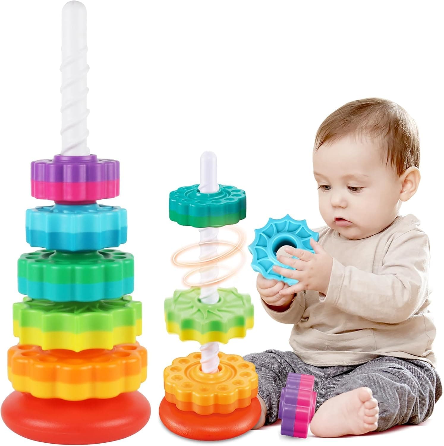 U HOOME Baby Spinning Stacking Toys for Toddlers 1-3, Educational Toddler Stacking Rings Baby Toy, Montessori Toys for Babies, Sensory Learning Toy Gifts for 1 2 3 Year Old Girl Boy