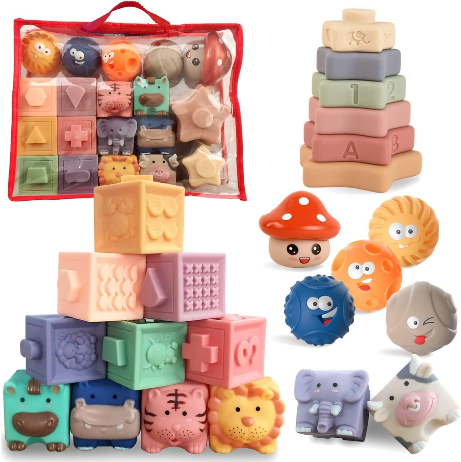 3 in 1 Montessori Toys for Babies 6M+, Soft Baby Teething Toys, Stacking Building Blocks for Infants, Sensory Developmental Education Toys for Toddler Baby 12-18 Months,23 PCS (23PCS)