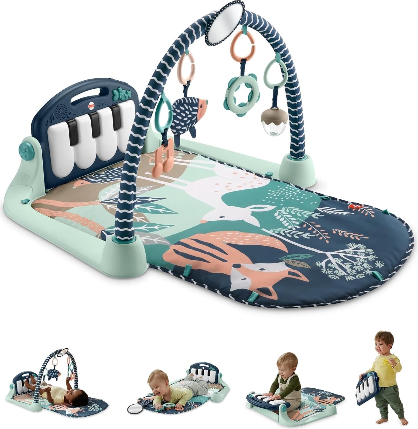 Fisher-Price Kick and Play Piano Baby Gym, Navy Fawn | Washable Play Mat Musical Piano 5 Sensory Activity Toys Newborn 0+ JMN75