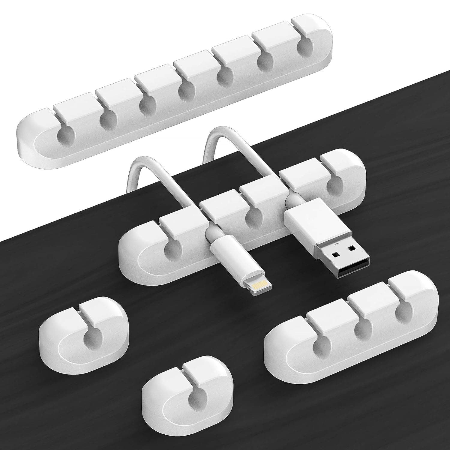 TviewSmart Cord Organizer Cable Management for Desk - 5 Packs White Clips and Cord Keeper, The White Self-Adhesive Holder are Easy to Apply and Stops Wire Getting Dirty | Silicone cable management clips self adhesive for nightstand and charger, 7-5-3-1-1 slots hold USB and phone cords up to 6 mm