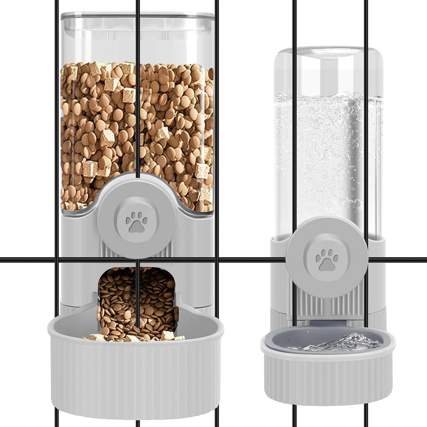 Hanging Automatic Pet Food & Water Dispenser Set – 1.2L Gravity Feeder + 0.52L Water Bottle for Kennel, Cage – Detachable, Anti-Spill – for Puppy, Cats, Rabbit, Small Pets (Grey)