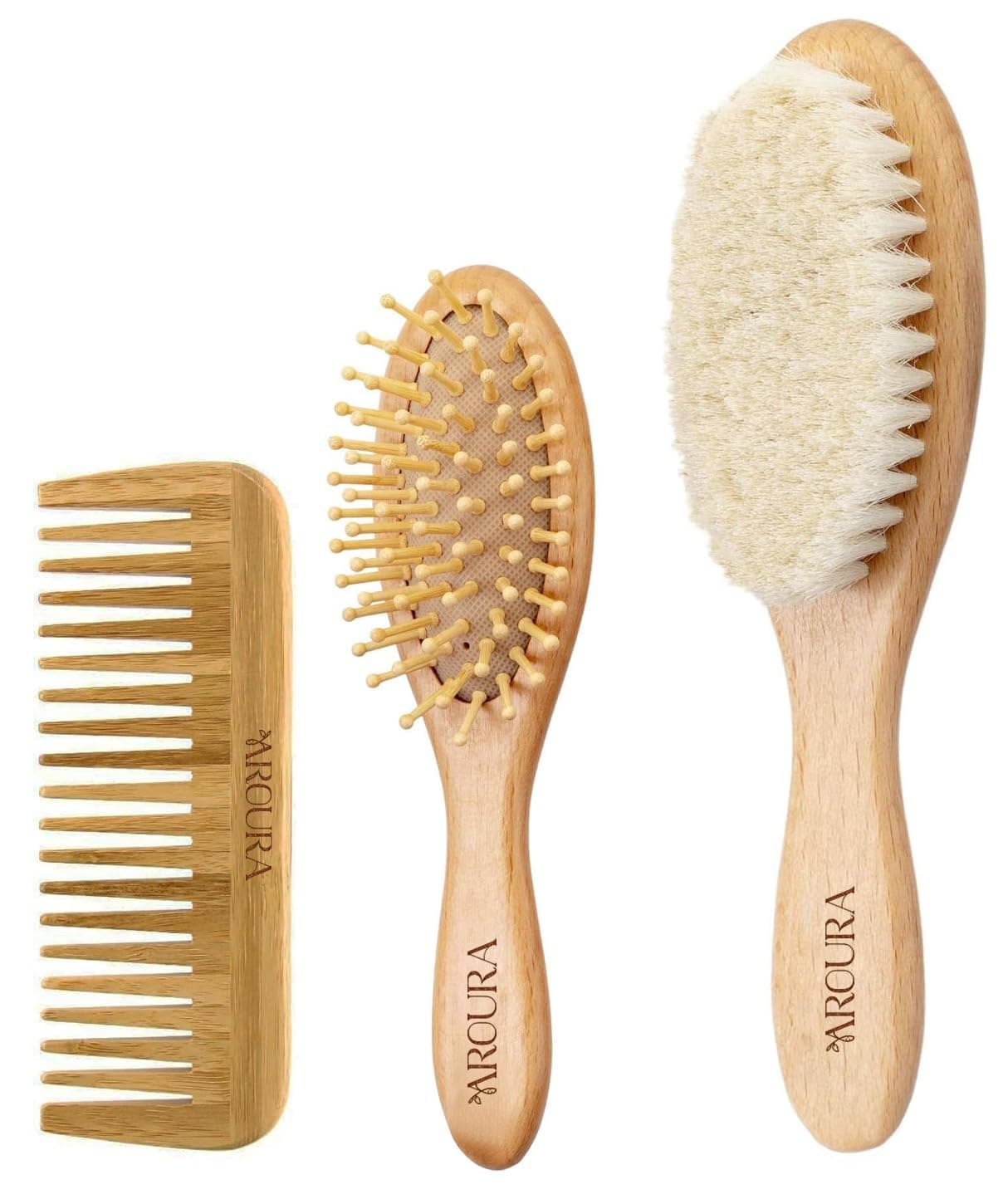 Aroura Gentle Care Baby Brush & Comb Set - 3Pc Wooden Collection, Includes Soft Hair Brush & Cradle Cap Brush for Newborns & Infants, Ideal Newborn Hair Brush, Perfect for Baby's Hair Care Needs.