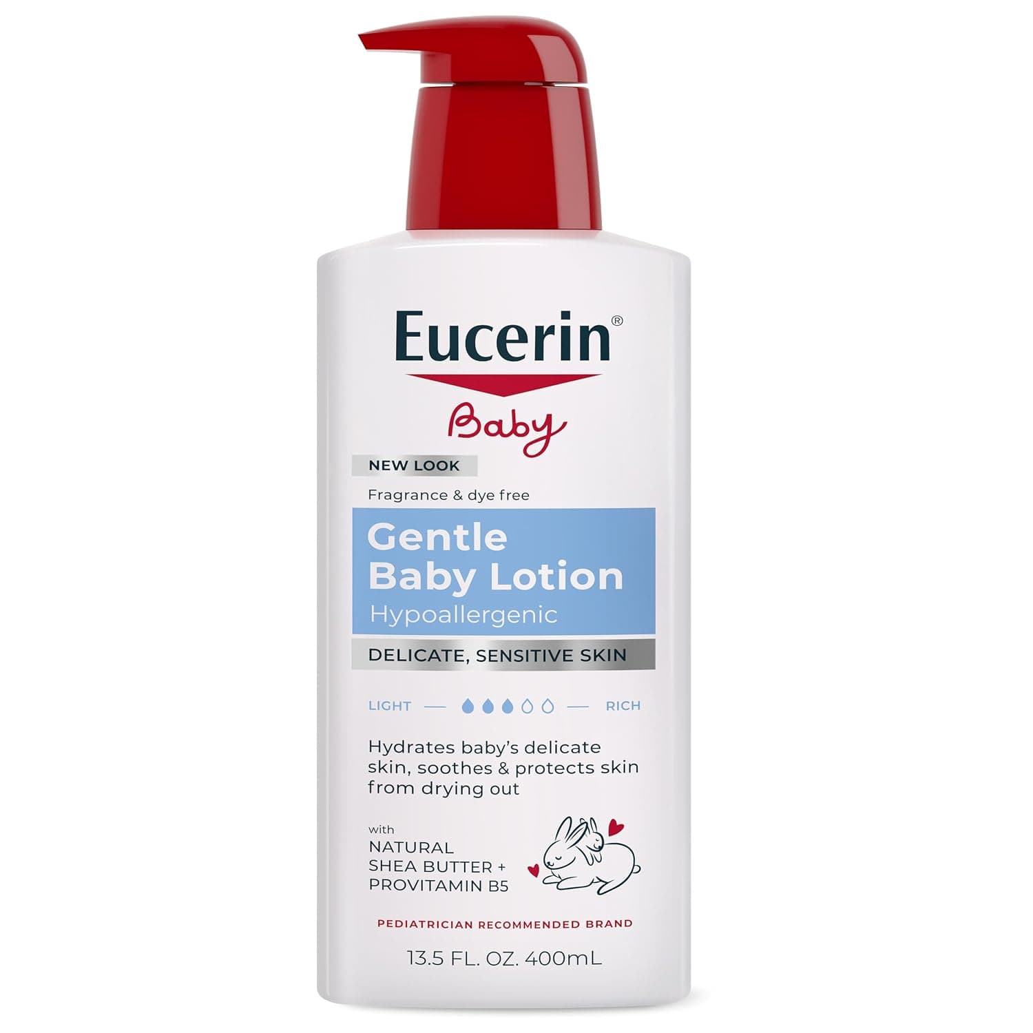 Eucerin Baby Body Lotion - Hypoallergenic & Fragrance Free, Safe for Everyday Use on Sensitive Skin - White 13.5 fl. oz. Pump Bottle | Baby Body Lotion with Pro-Vitamin B5 and Shea Butter, Soothes and Protects Delicate Skin, Hypoallergenic, Fragrance Free