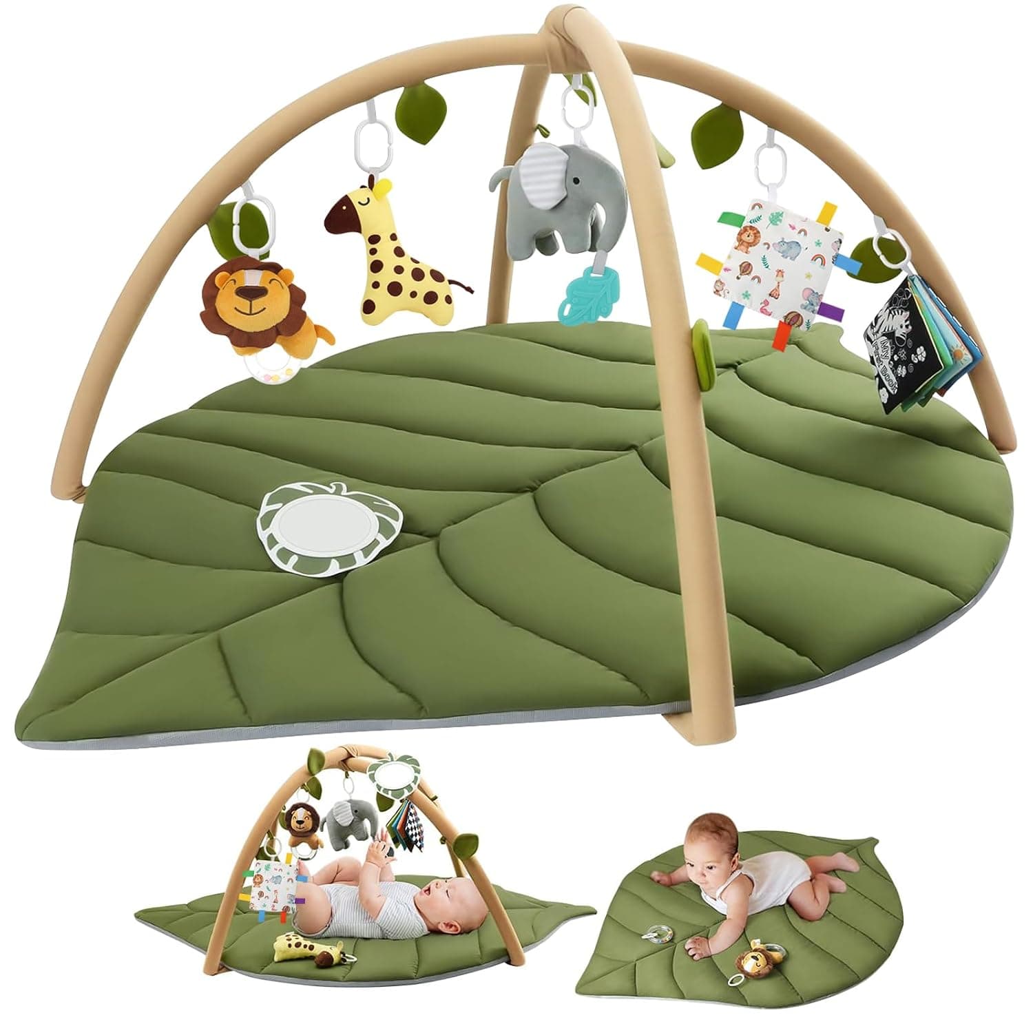 Baby Play Gym & Activity Mat, Oversize Leaf Shaped Baby Play Mat w 6 Detachable Toys, Tummy Time Mat Promote Motor Skills & Sensory Development Mat