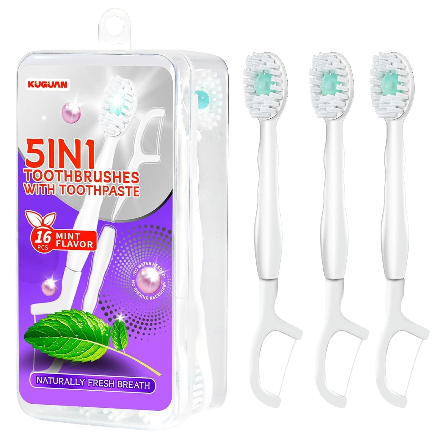 Disposable Toothbrush, 5-in-1 Disposable Mini Brush with Toothpaste + Floss + Pick + Tongue Scraper for Work or Travel, Oral Care, Travel Toothbrush Set, 16pcs (Mint, 1 Pack)