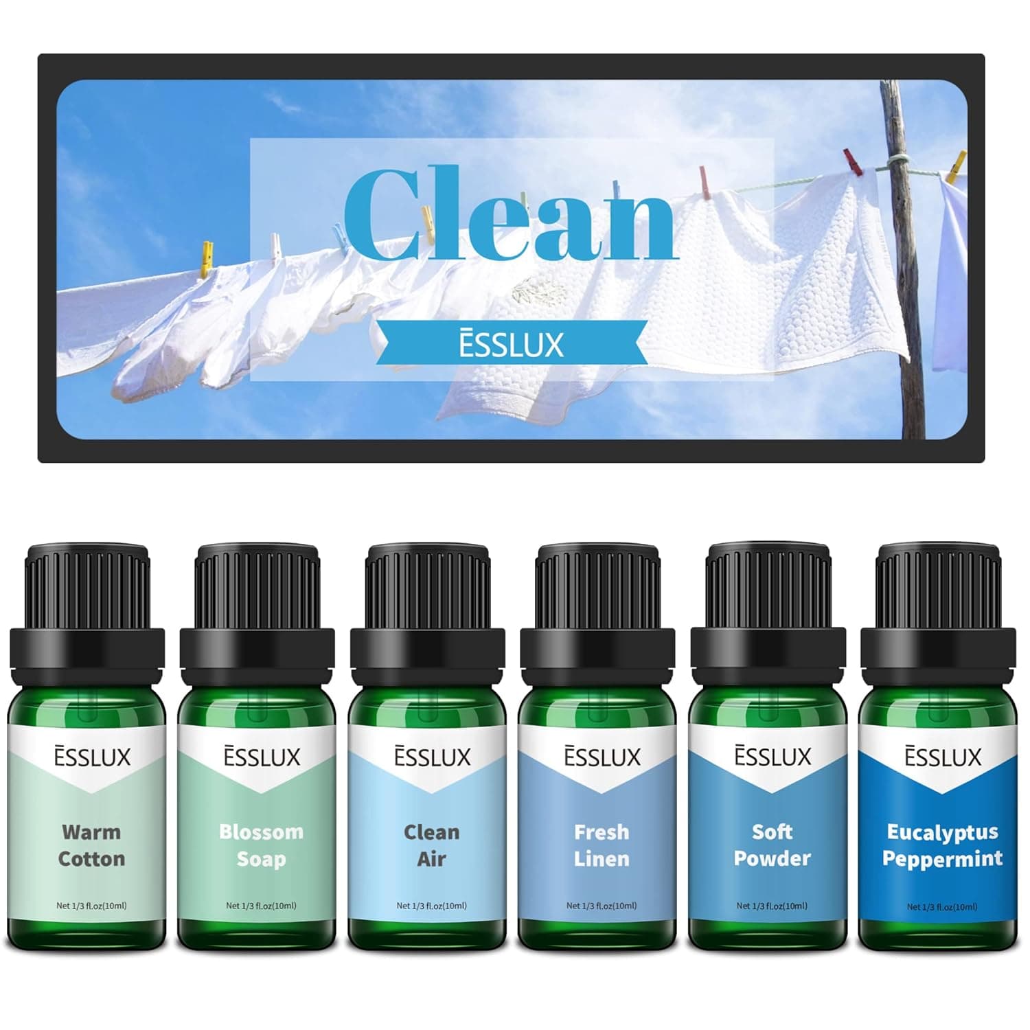 ESSLUX Fragrance Oil, Clean Set of Scented Oils, Essential Oils for Diffuser for Home, Premium Soap & Candle Making Scents, Aromatherapy Oils Gift Set - Clean Air, Fresh Linen, Warm Cotton and More