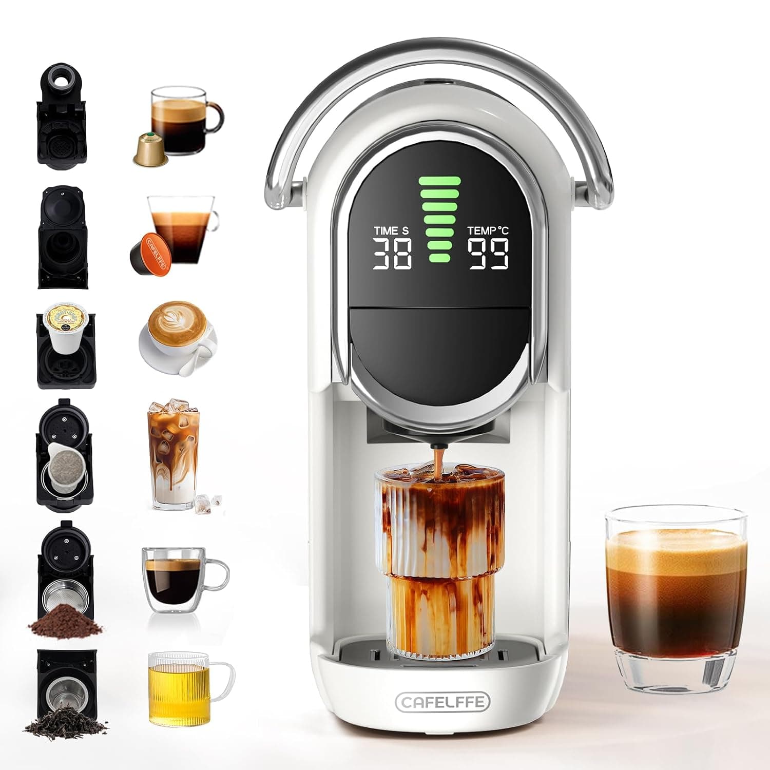 CAFELFFE MK-609S 6-in-1 Capsule Coffee Machine with Automatic Pressure Release, Temperature & 7-Level Coffee Volume Adjustment | 6 Adapters Optional For Capsules, Tea Leaves and Coffee Grounds | White