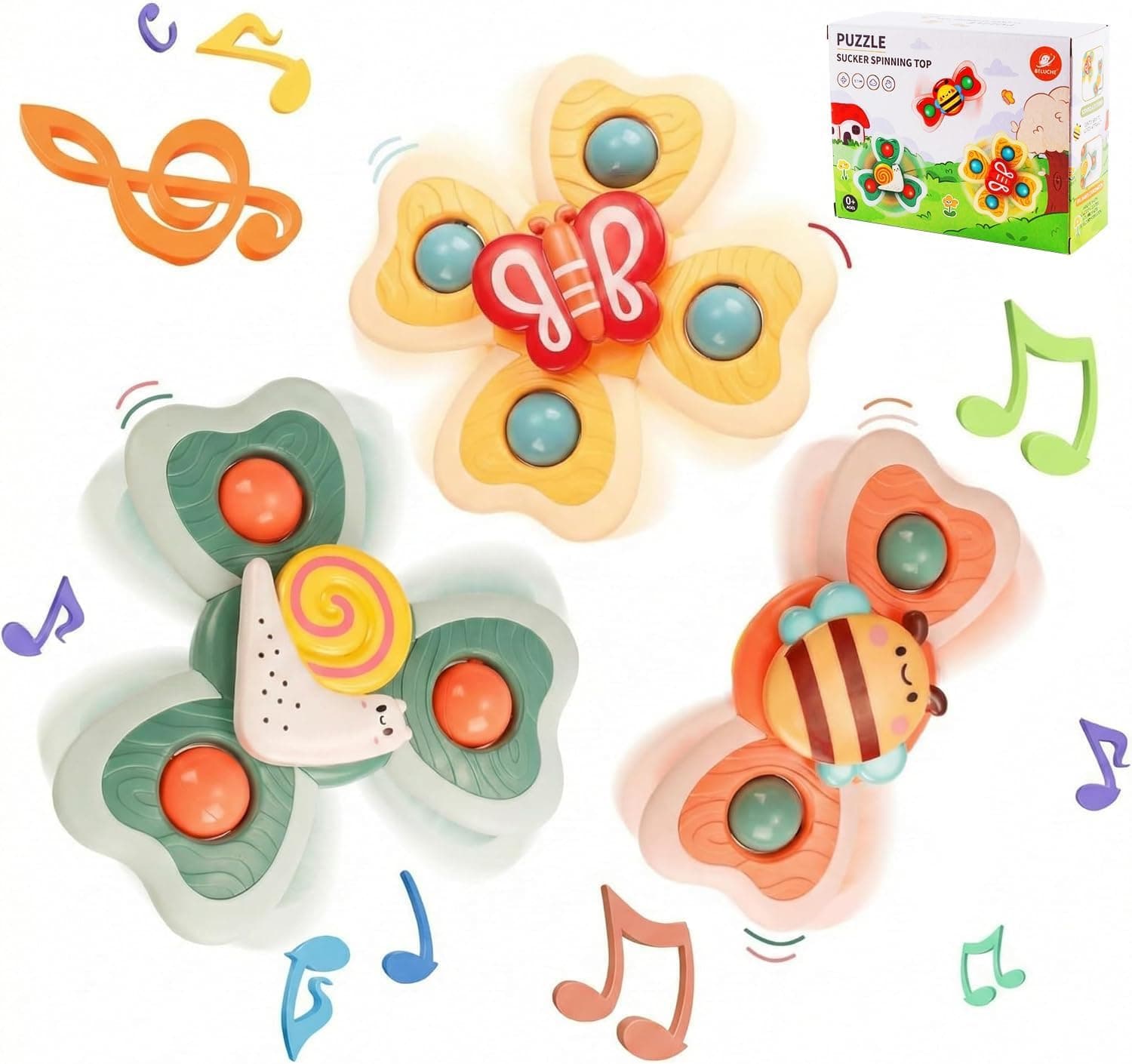 Baby Suction Cup Toy Set, 3 Pieces, Bath and Table Toy with Spinner, from 3 Months