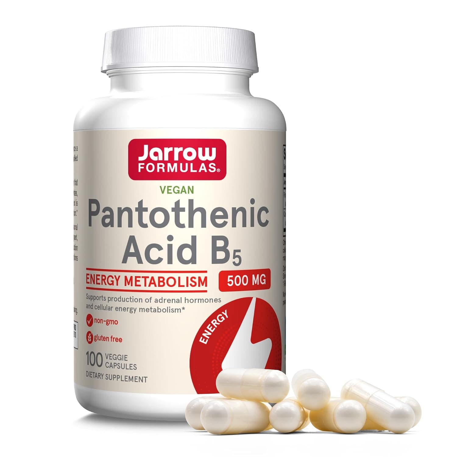 Jarrow Formulas Pantothenic Acid B5 Formulas - 500 mg - 100 Veggie Caps | Dietary Supplement, for Adrenal Hormone Support and Cellular Energy Metabolism, Veggie Capsules, 100 Day Supply
