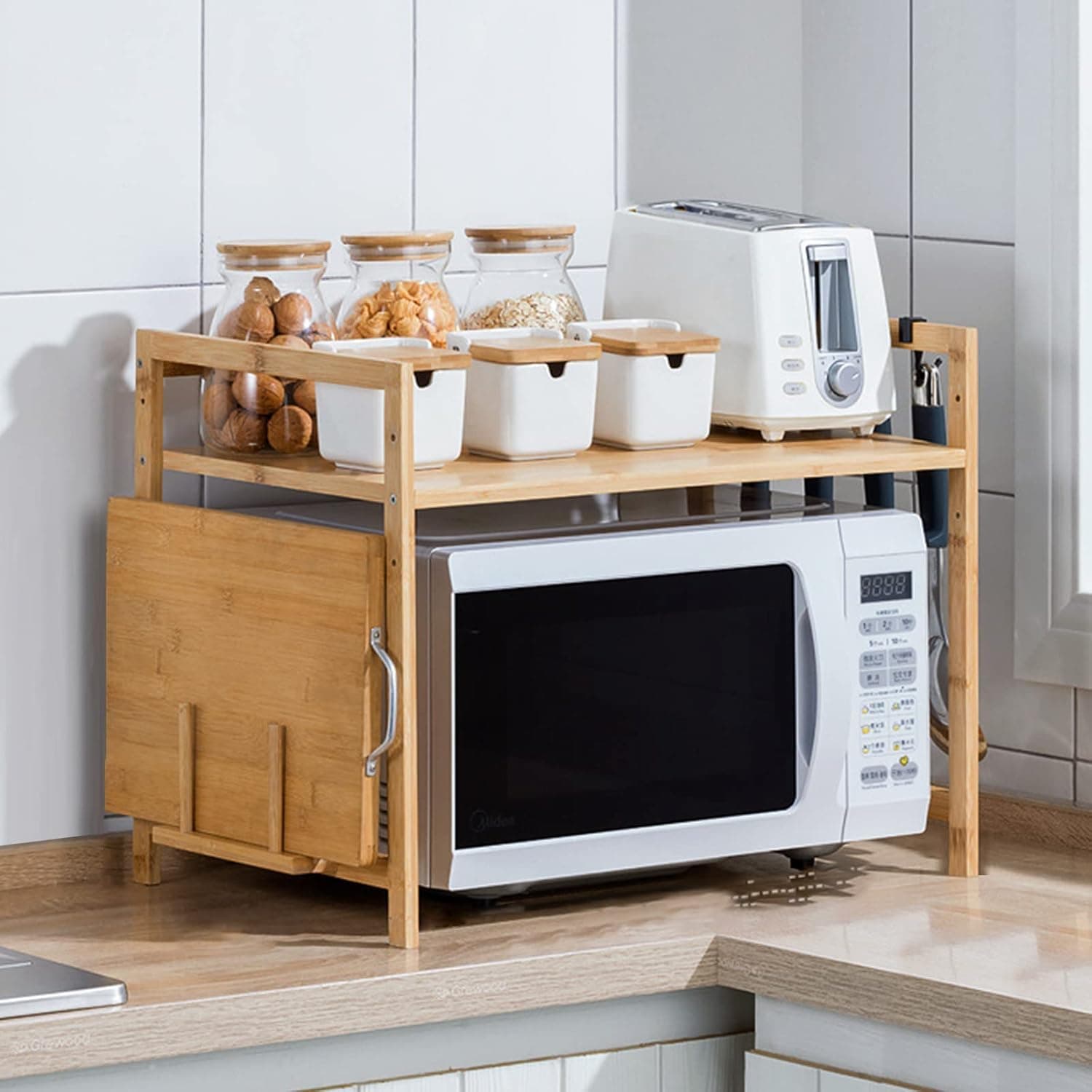 Paporich Microwave Stand, Made of Bamboo, Spice Rack with 4 Hooks, Microwave Holder Organiser, 55 x 35 x 42 cm