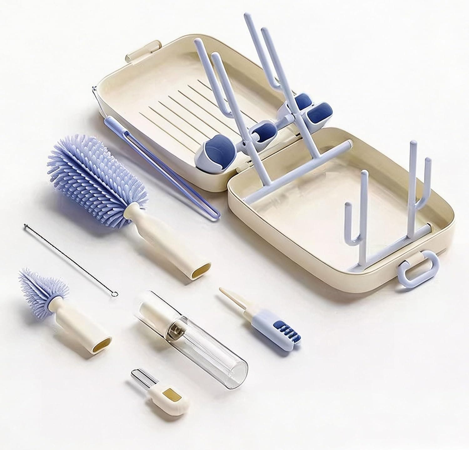 Bottle Brush Set - Baby Bottle Cleaning Set, Including Silicone Brush, Nipple Brush, Straw Brush, Soap Holder, Drying Rack - 7-piece Bottle Cleaning Tools for Home and Travel, Green Version